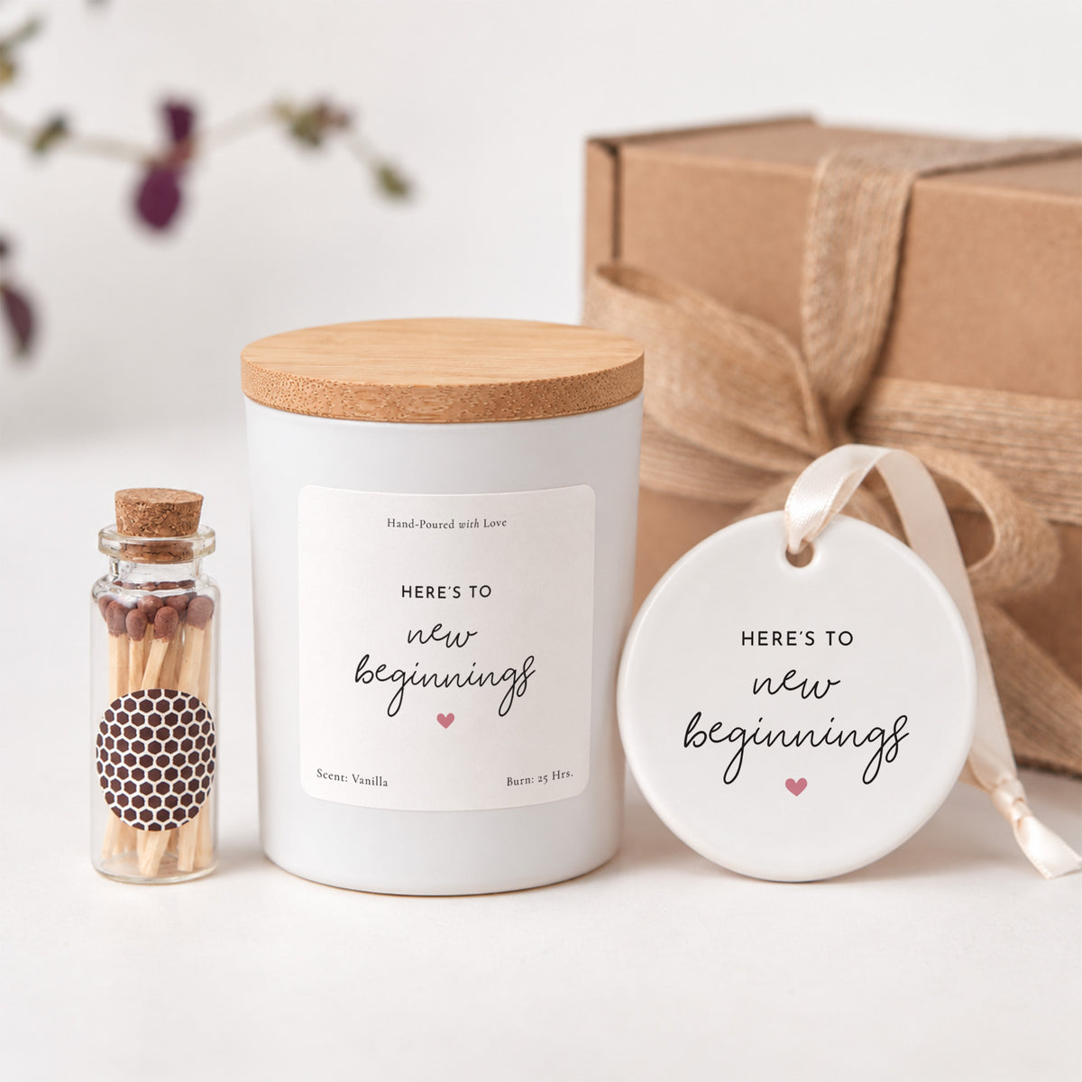 Here's to New Beginnings Candle Set, Fresh Start Gift with Hanging Ceramic Ornament and Ribboned Box