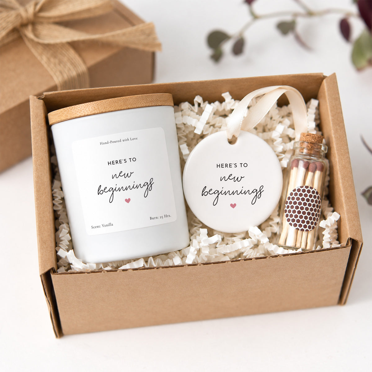 Here's to New Beginnings Candle Set, Fresh Start Gift with Hanging Ceramic Ornament and Ribboned Box