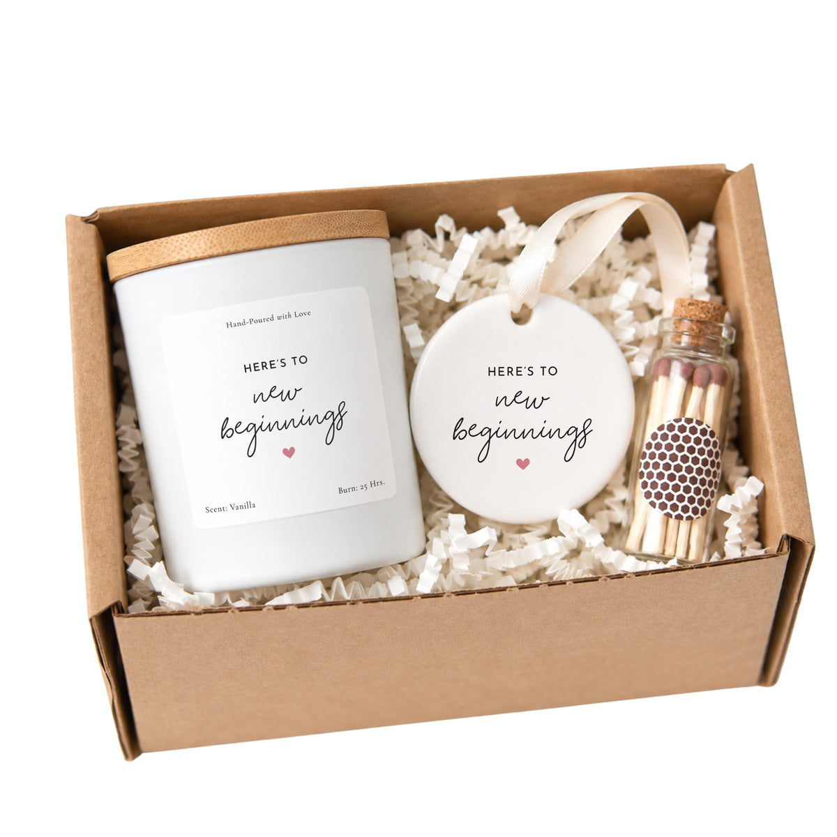 Here's to New Beginnings Candle Set, Fresh Start Gift with Hanging Ceramic Ornament and Ribboned Box
