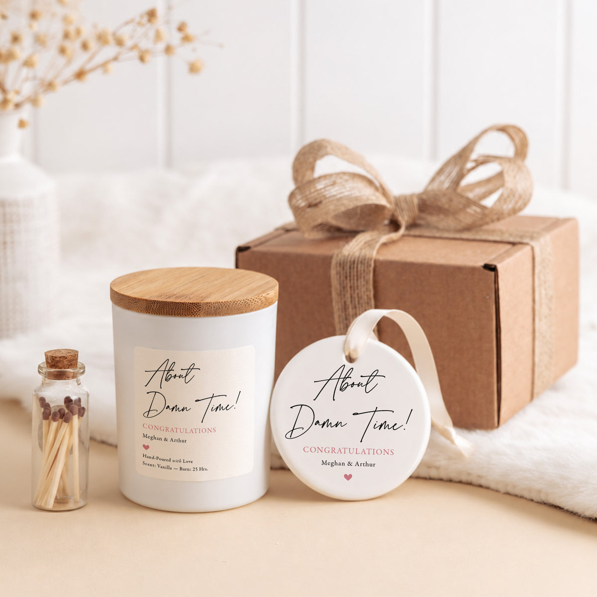 About Damn Time Congratulations Candle Set for Engaged Couples with Matching Ceramic Keepsake Ornament in Gift Box