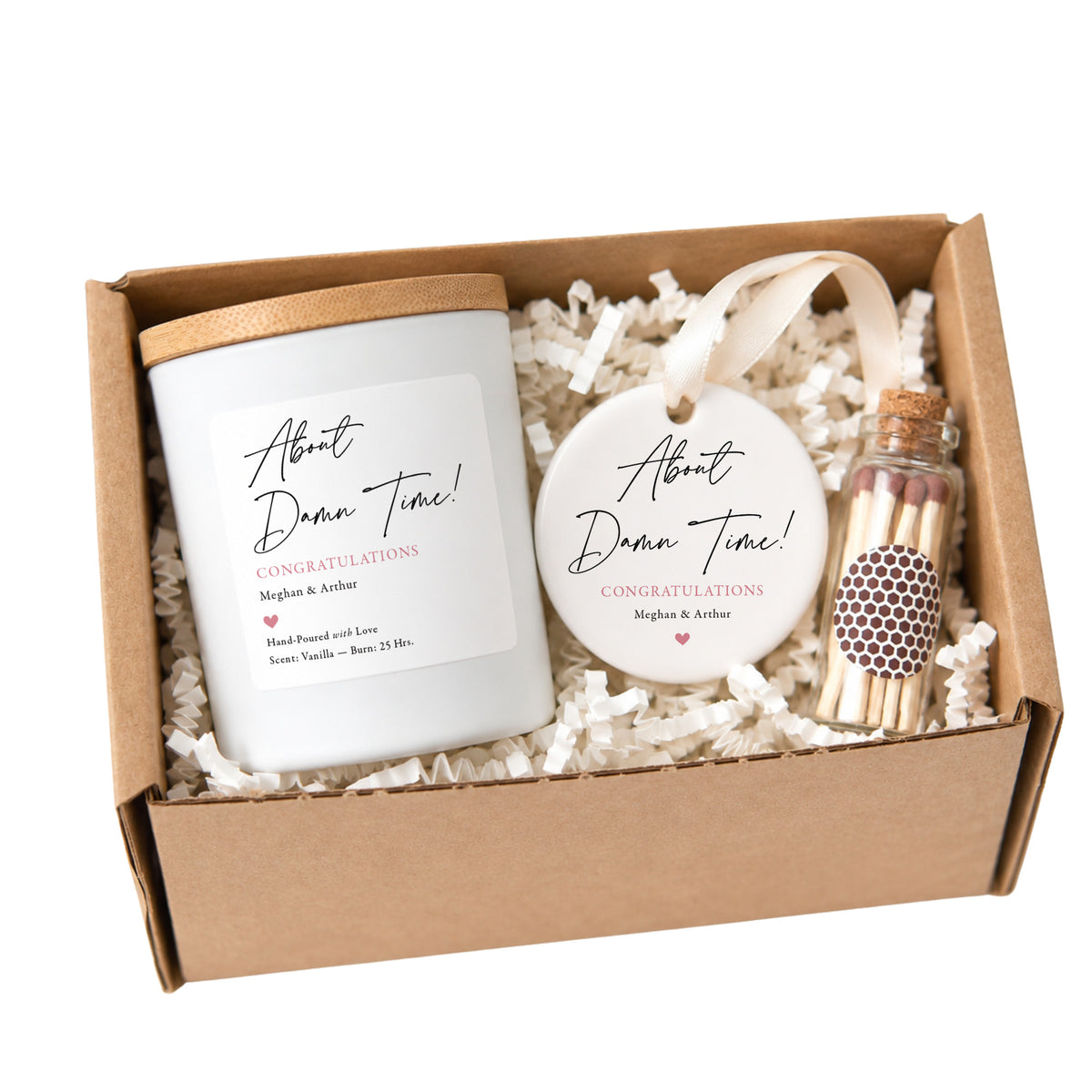 About Damn Time Congratulations Candle Set for Engaged Couples with Matching Ceramic Keepsake Ornament in Gift Box