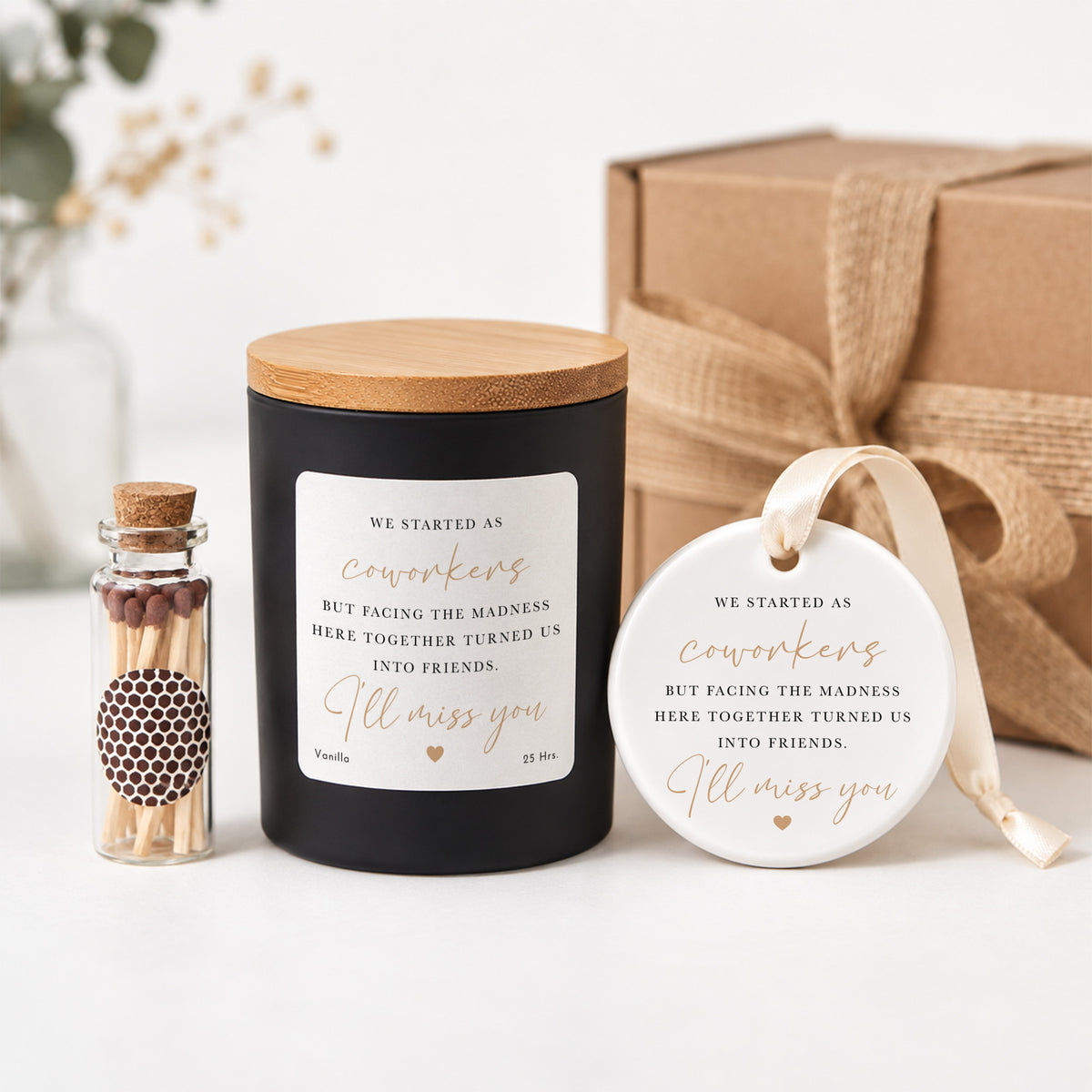 Coworker Farewell Candle, “We Started as Coworkers” Friendship Gift with Matching Keepsake Ornament Set