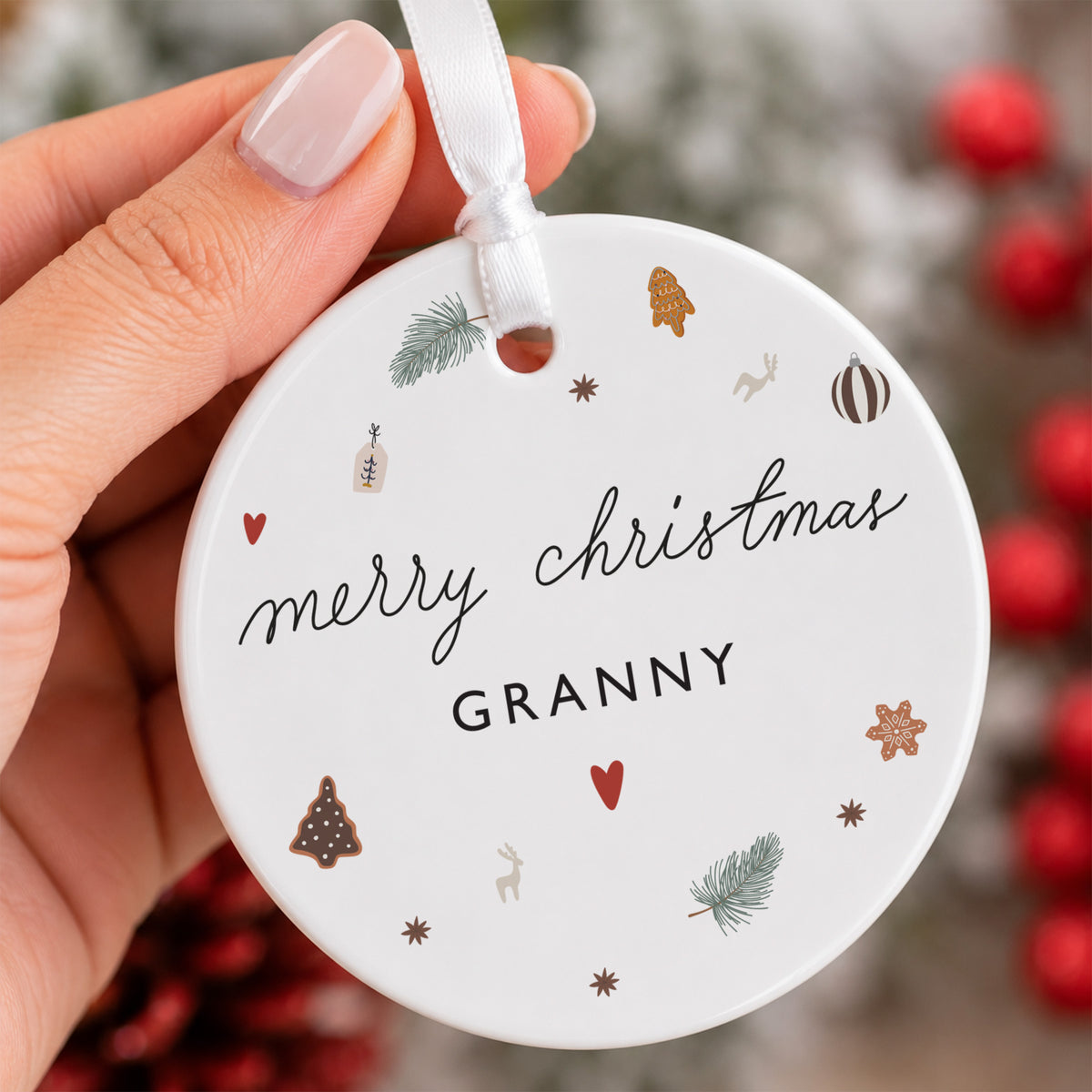 Merry Christmas Grandma Ornament, Heart and Woodland Holiday Design, Loving Christmas Tree Gift for Grandmother