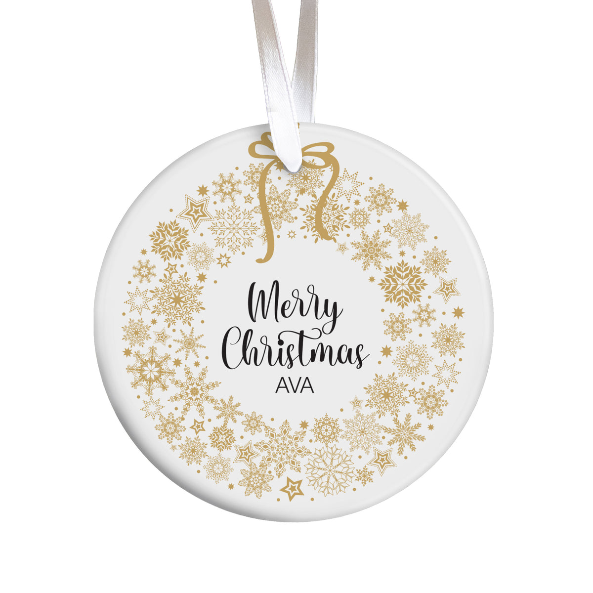 Personalized Merry Christmas Ornament, Custom Name Keepsake with Gold Snowflake Wreath for Holiday Gifting