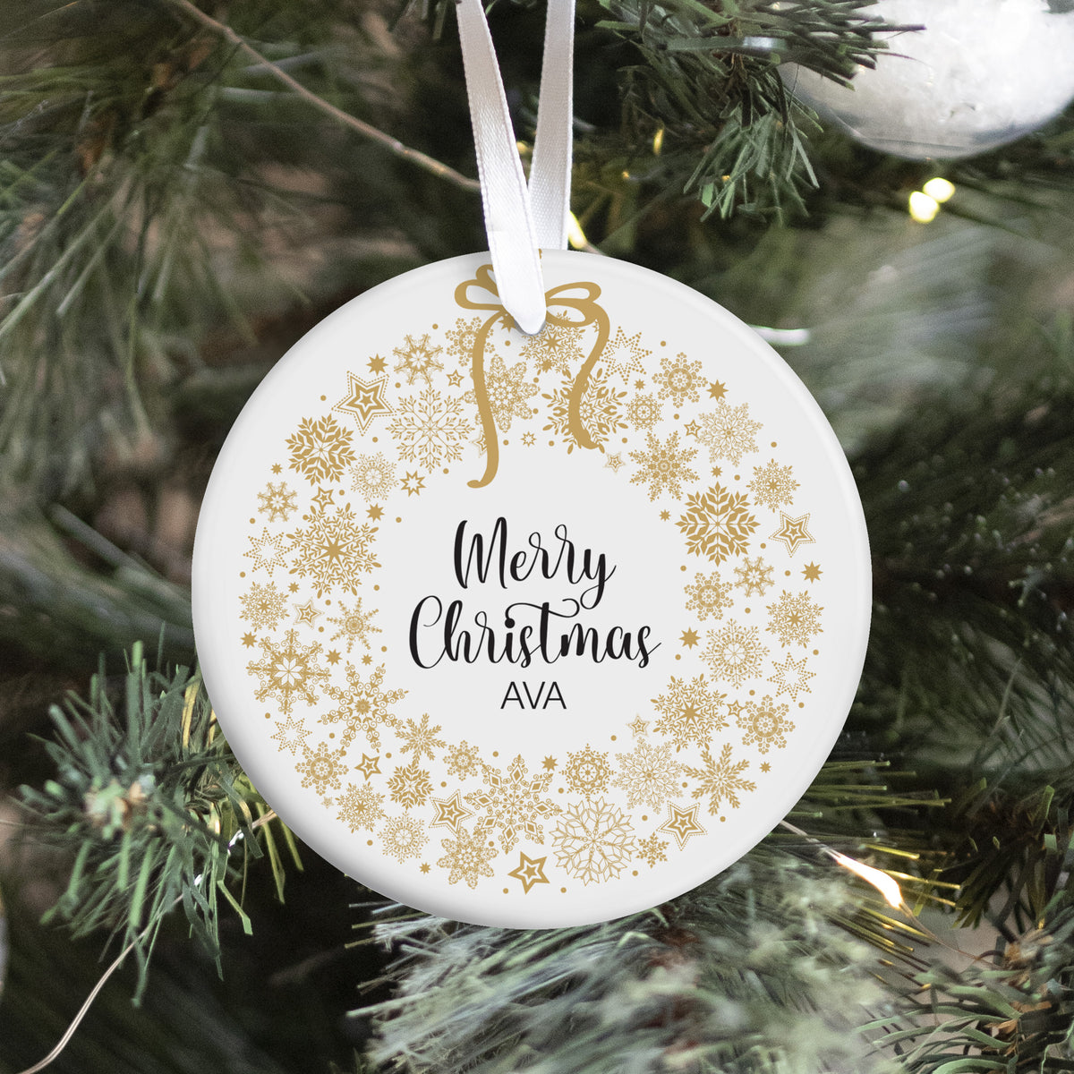 Personalized Merry Christmas Ornament, Custom Name Keepsake with Gold Snowflake Wreath for Holiday Gifting