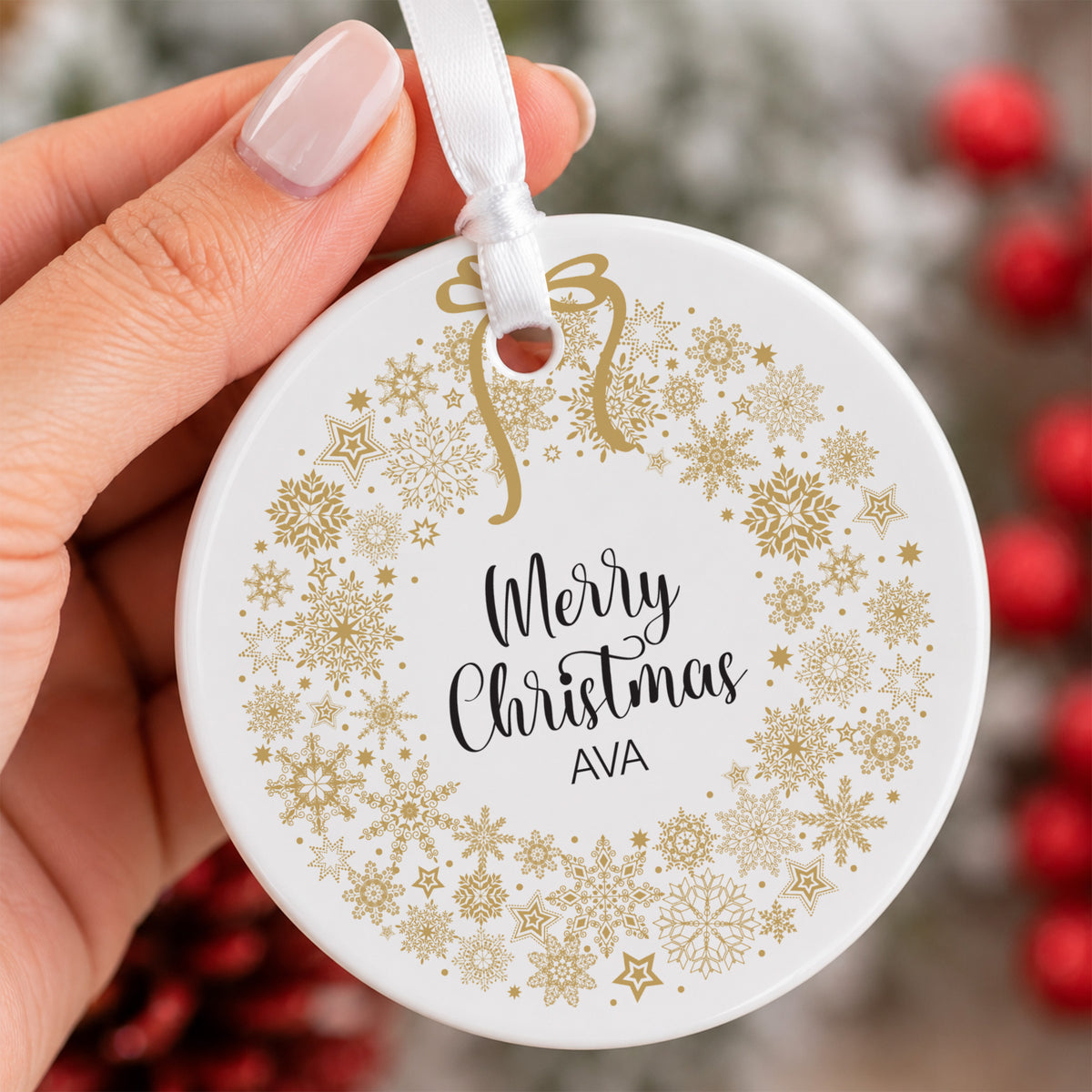 Personalized Merry Christmas Ornament, Custom Name Keepsake with Gold Snowflake Wreath for Holiday Gifting