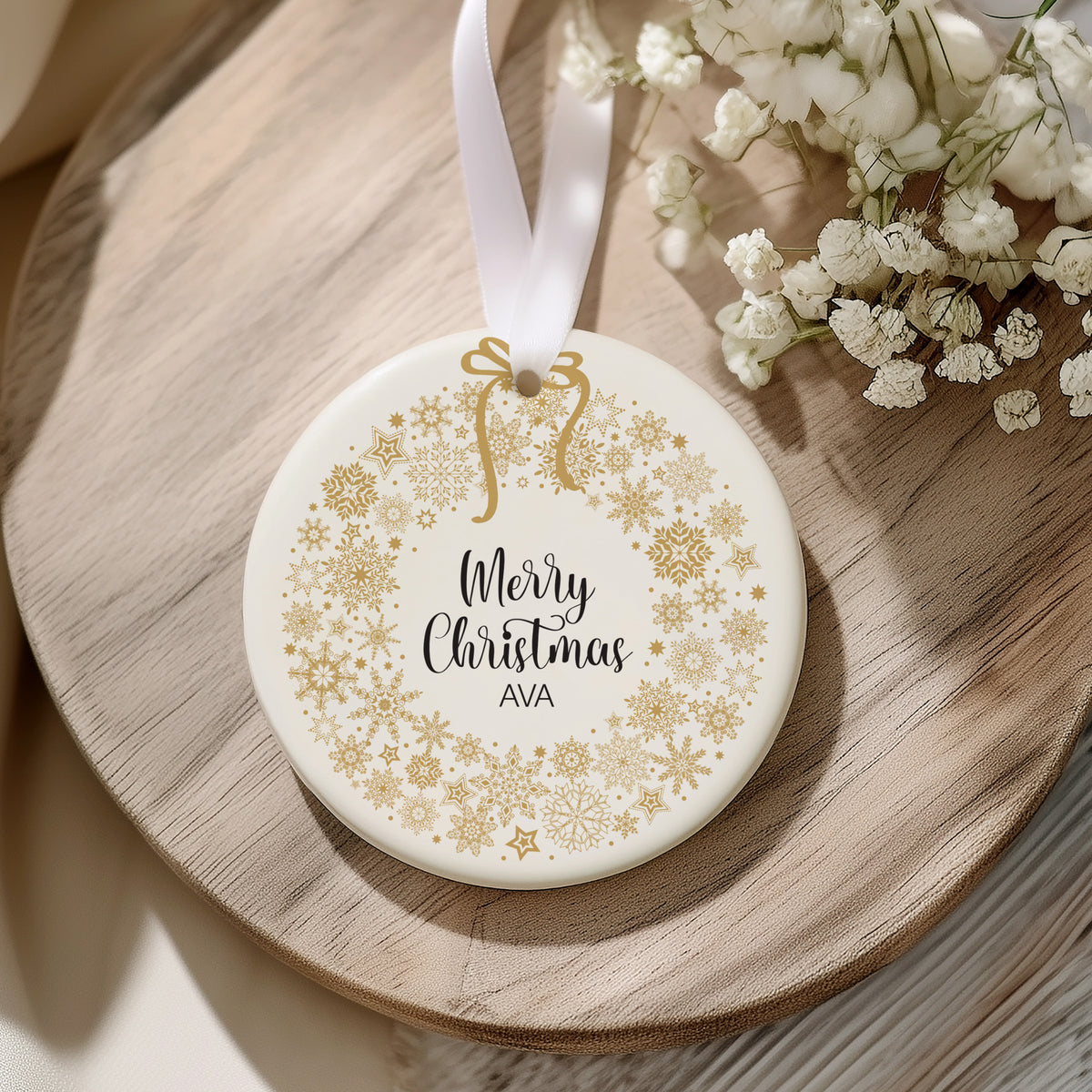 Personalized Merry Christmas Ornament, Custom Name Keepsake with Gold Snowflake Wreath for Holiday Gifting