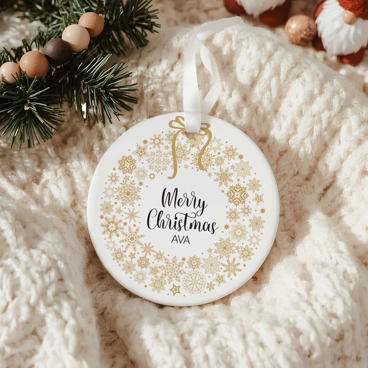 Personalized Merry Christmas Ornament, Custom Name Keepsake with Gold Snowflake Wreath for Holiday Gifting