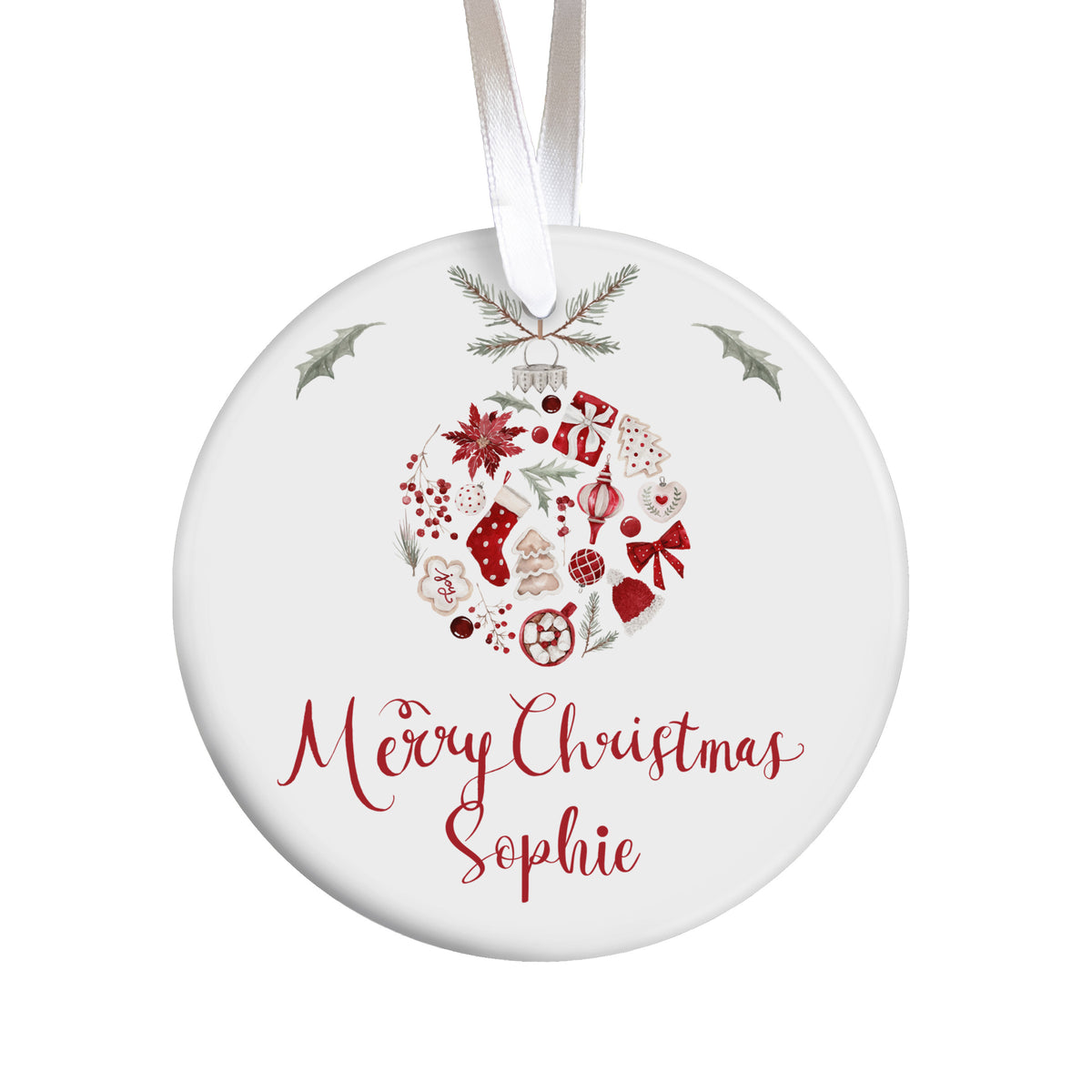 Personalized Merry Christmas Ornament for Sophie, Red Holiday Wreath Keepsake, Custom Name Tree Decor Gift
