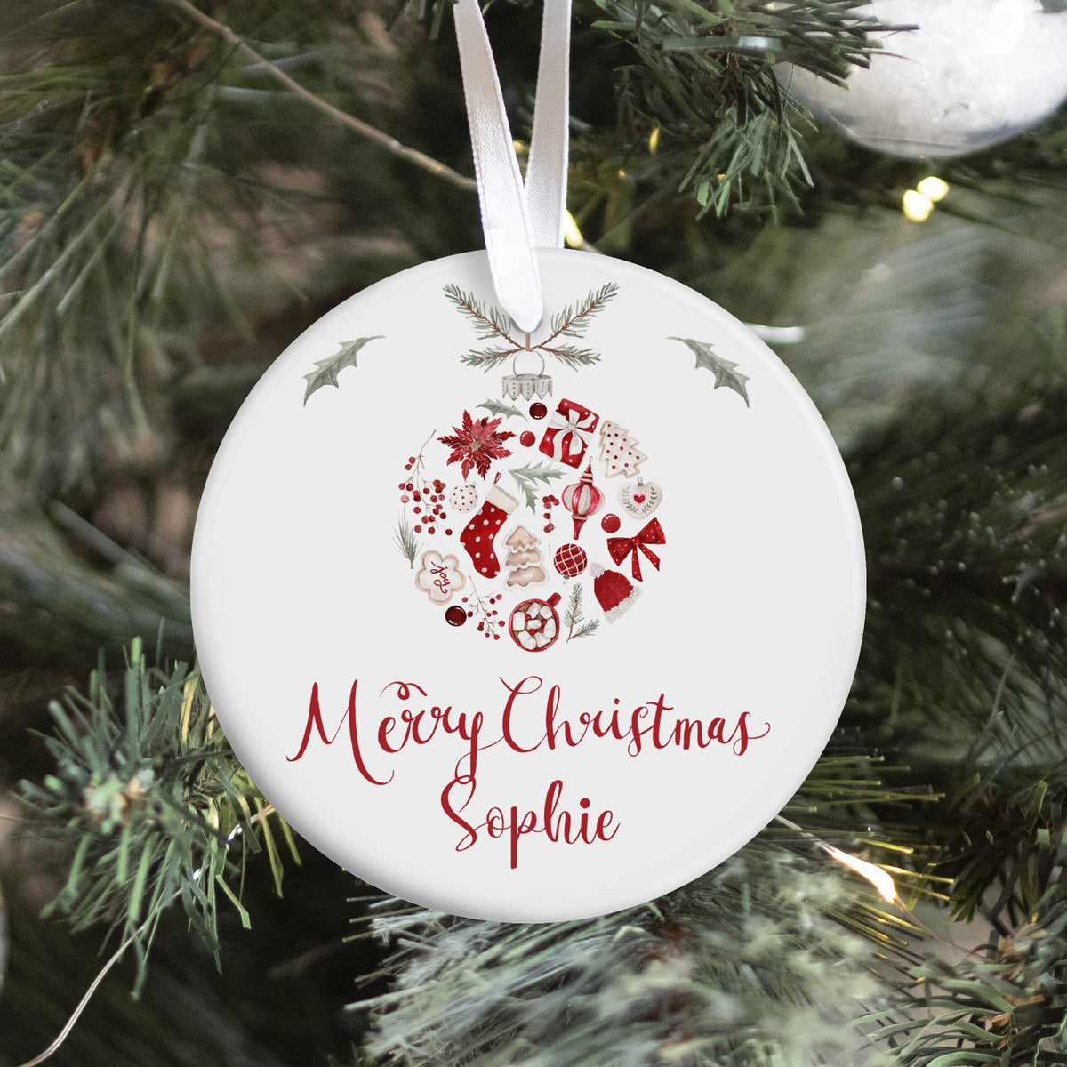 Personalized Merry Christmas Ornament for Sophie, Red Holiday Wreath Keepsake, Custom Name Tree Decor Gift