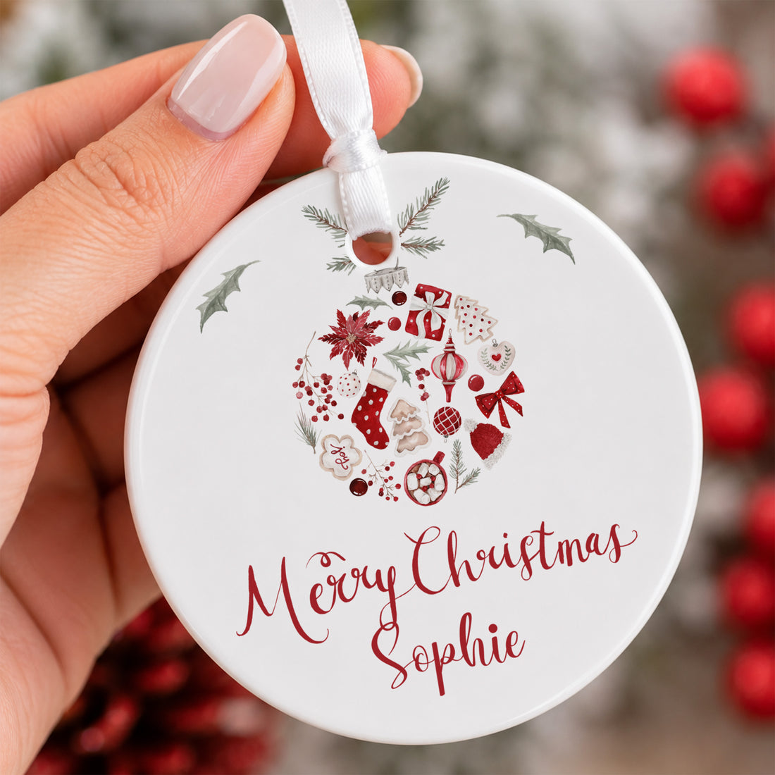 Personalized Merry Christmas Ornament for Sophie, Red Holiday Wreath Keepsake, Custom Name Tree Decor Gift