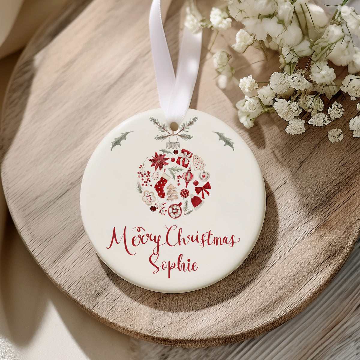 Personalized Merry Christmas Ornament for Sophie, Red Holiday Wreath Keepsake, Custom Name Tree Decor Gift