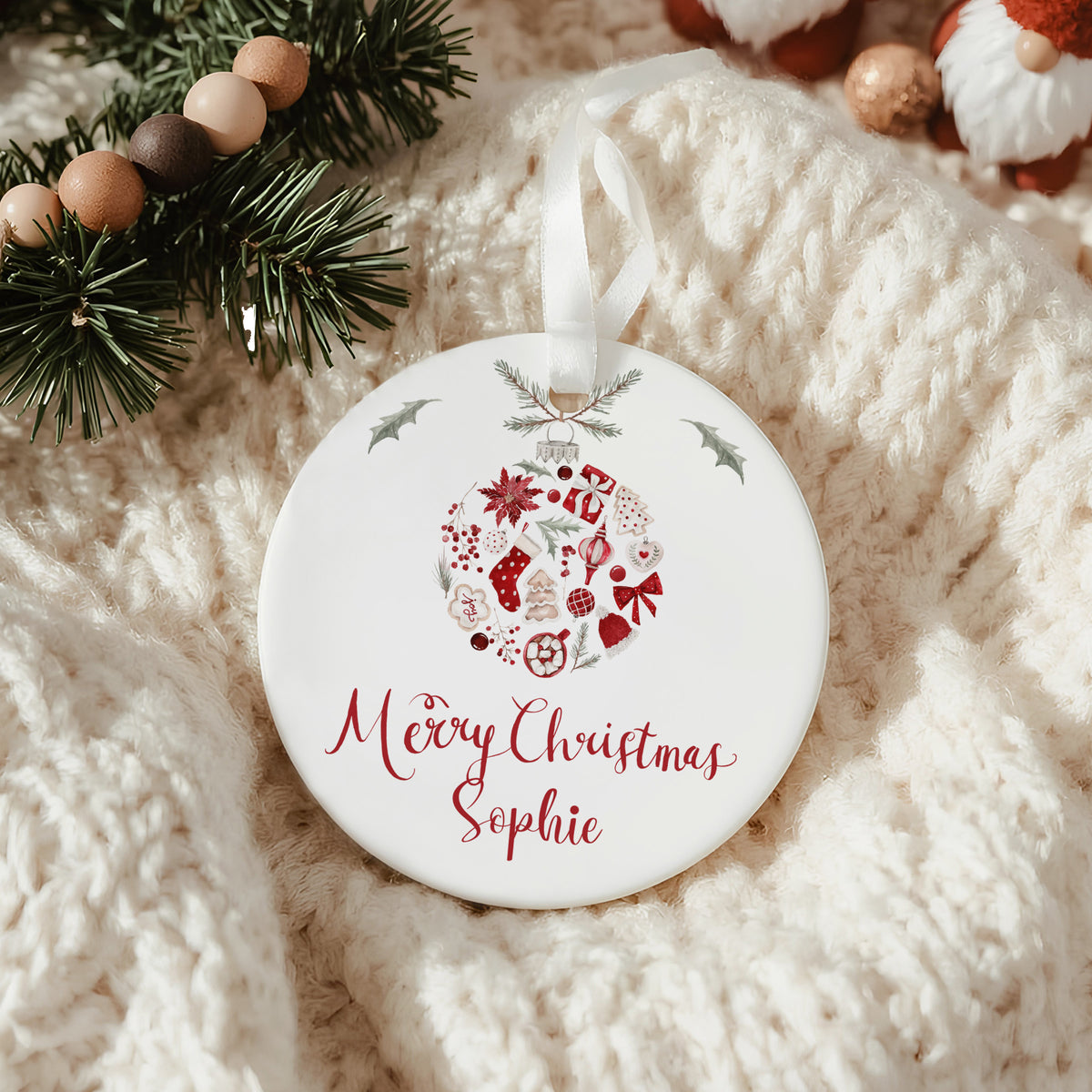 Personalized Merry Christmas Ornament for Sophie, Red Holiday Wreath Keepsake, Custom Name Tree Decor Gift