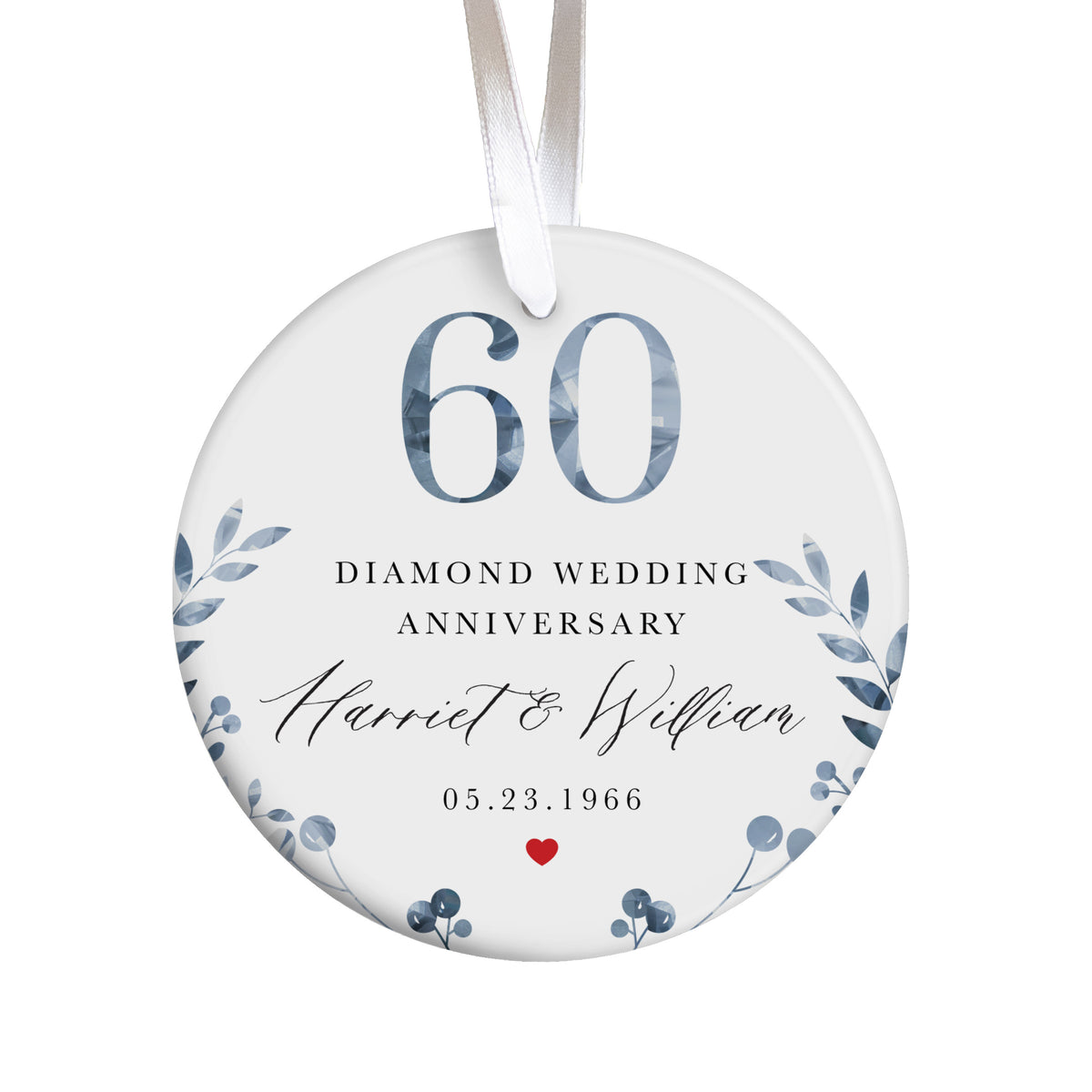 60th Diamond Wedding Anniversary Ornament for Couple, Blue Botanical Keepsake Gift for Husband and Wife