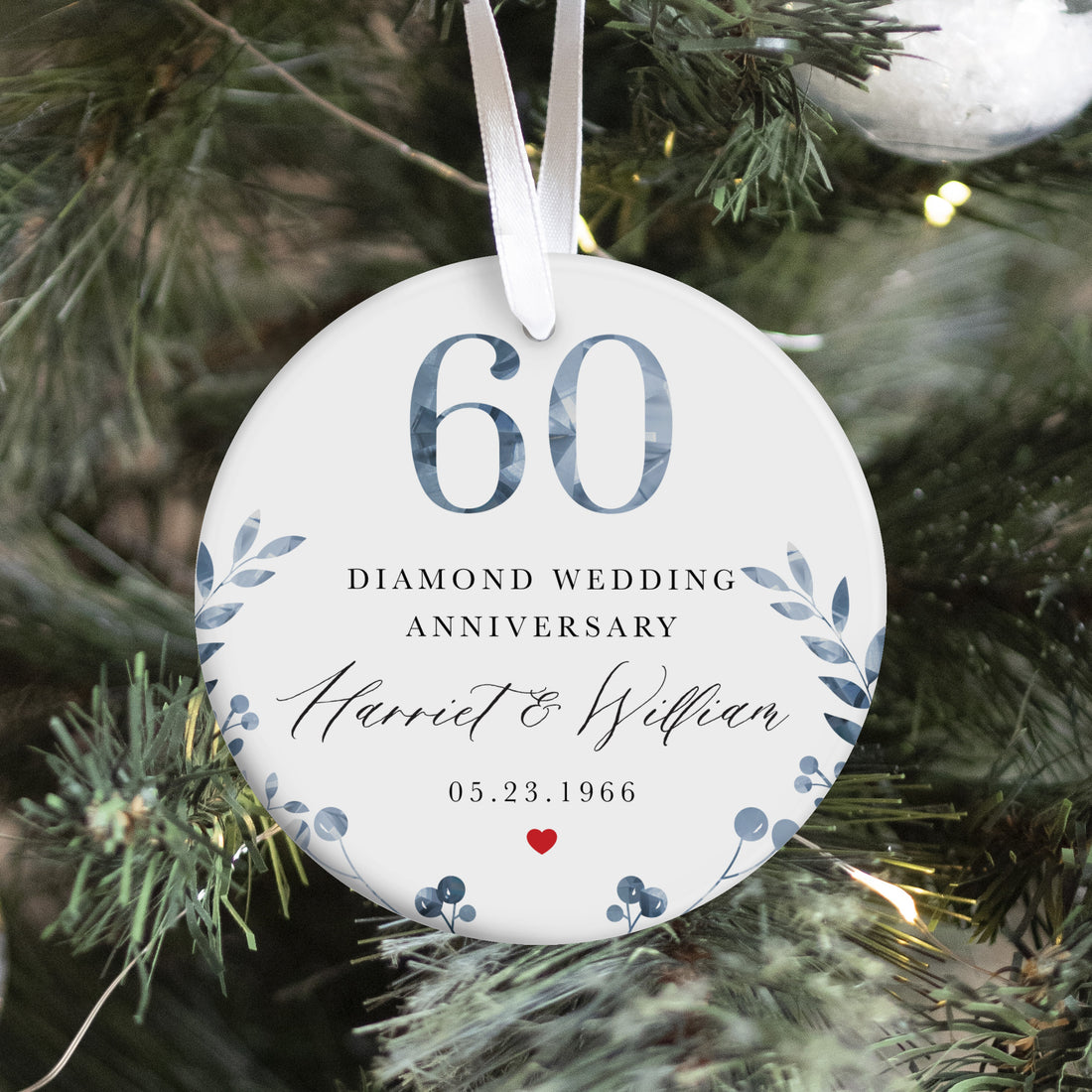 60th Diamond Wedding Anniversary Ornament for Couple, Blue Botanical Keepsake Gift for Husband and Wife