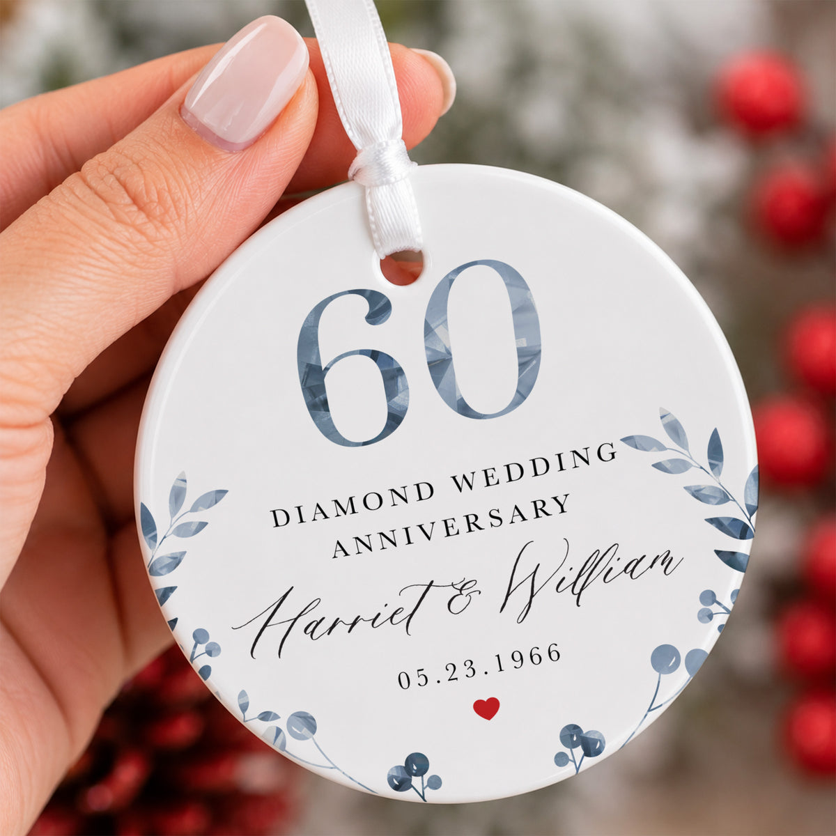 60th Diamond Wedding Anniversary Ornament for Couple, Blue Botanical Keepsake Gift for Husband and Wife