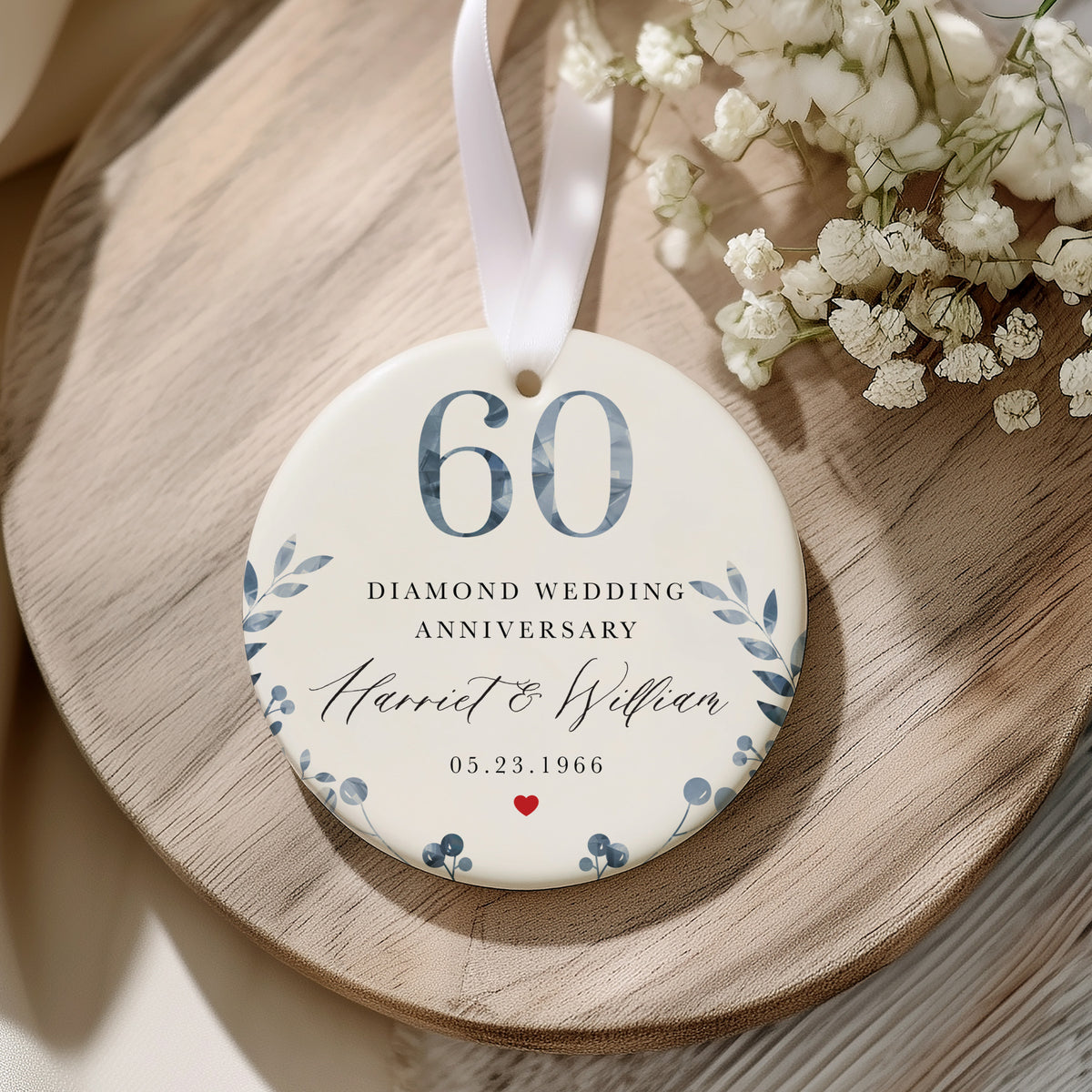 60th Diamond Wedding Anniversary Ornament for Couple, Blue Botanical Keepsake Gift for Husband and Wife