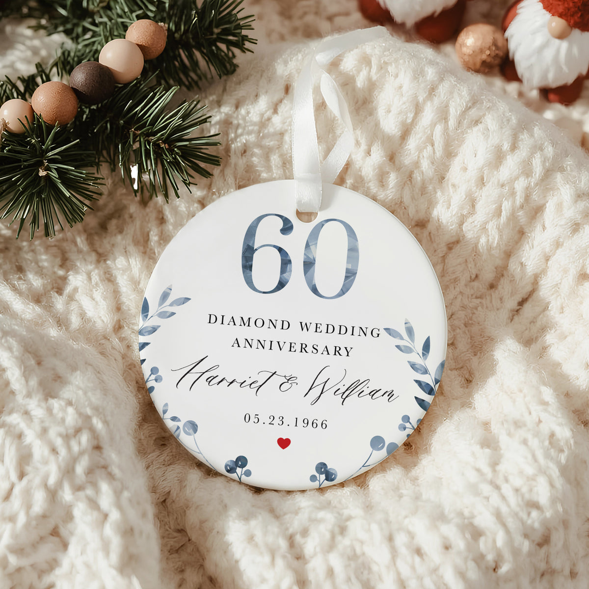 60th Diamond Wedding Anniversary Ornament for Couple, Blue Botanical Keepsake Gift for Husband and Wife