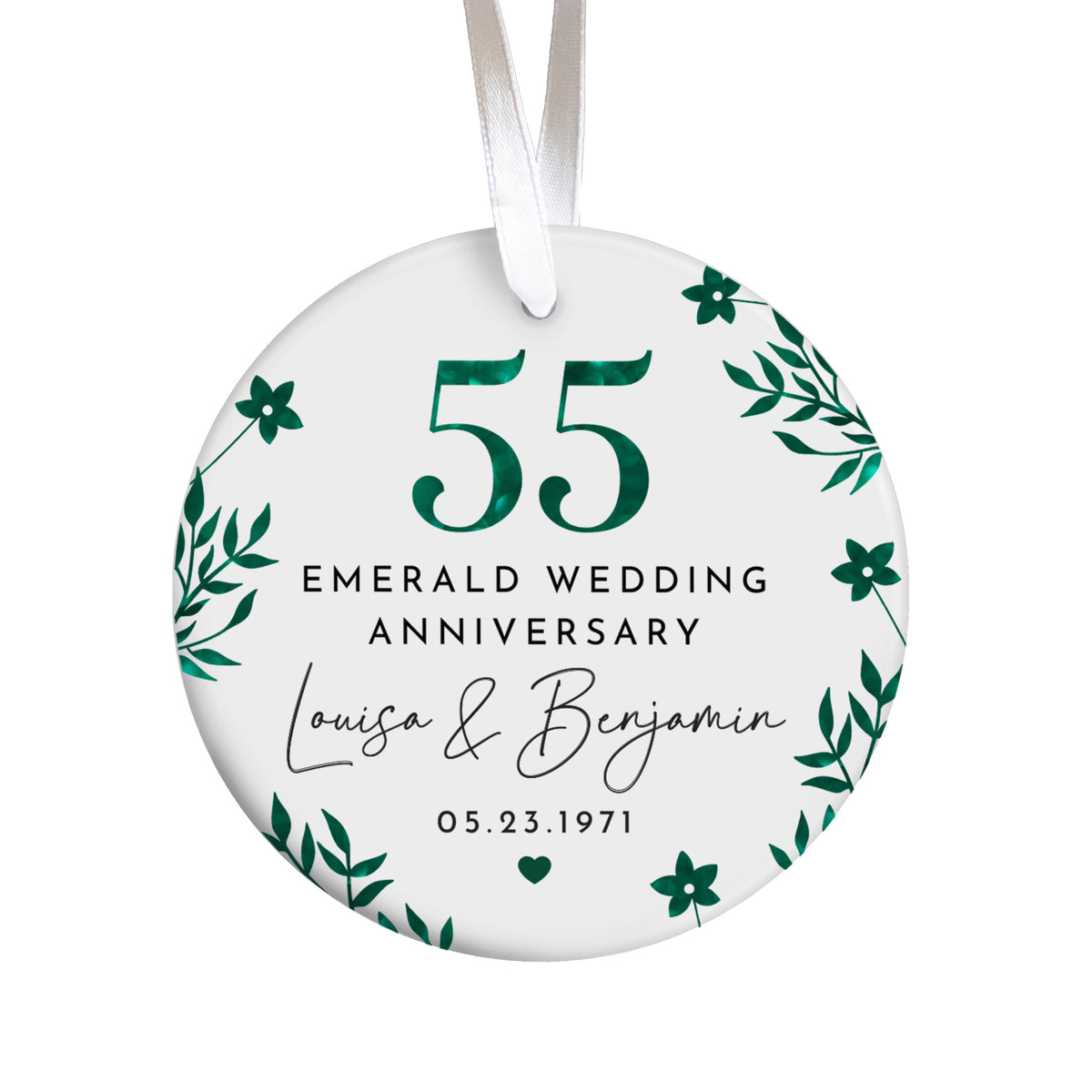 55th Emerald Wedding Anniversary Ornament for Couple, Personalized Names and Date Keepsake Gift, Green Floral Celebration