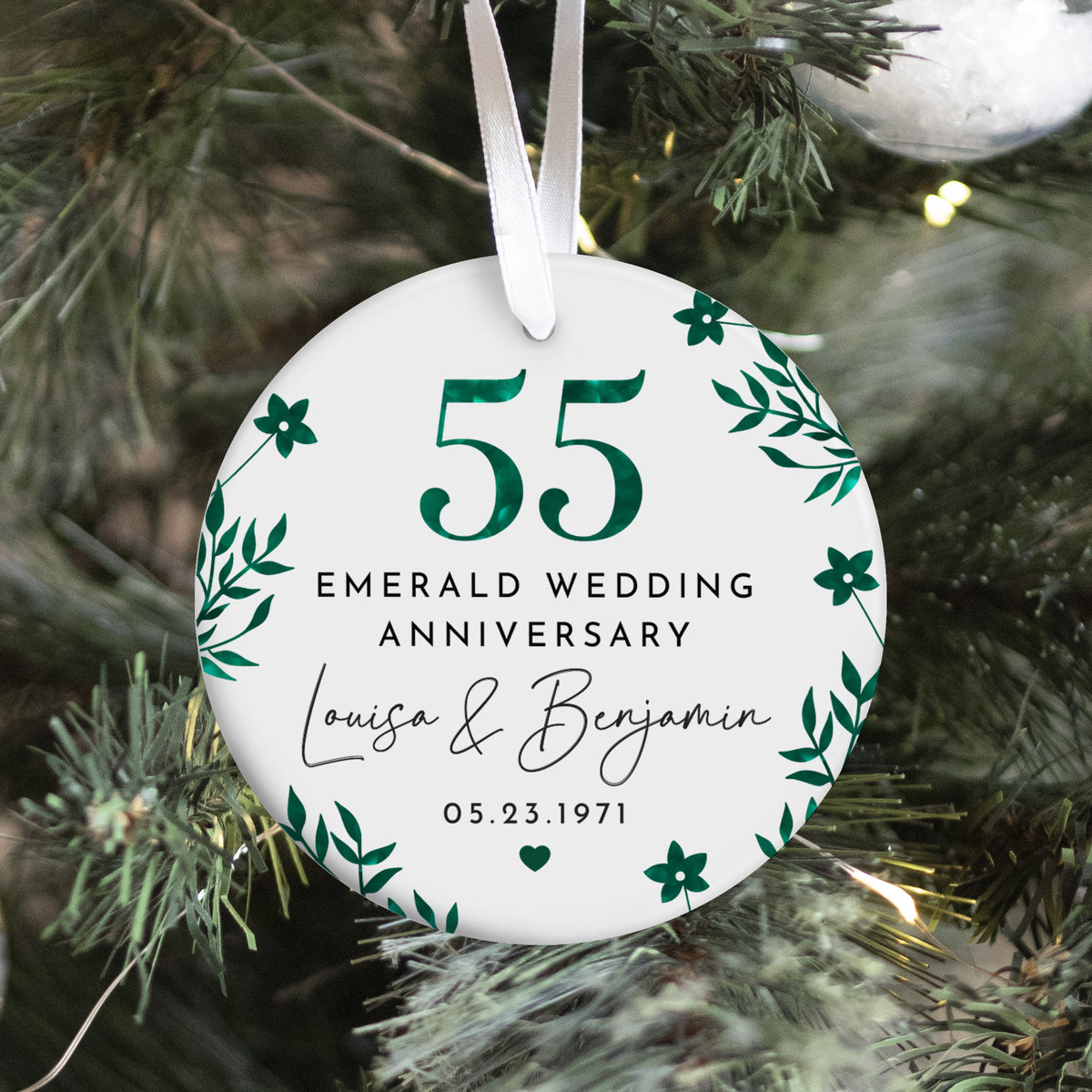 55th Emerald Wedding Anniversary Ornament for Couple, Personalized Names and Date Keepsake Gift, Green Floral Celebration