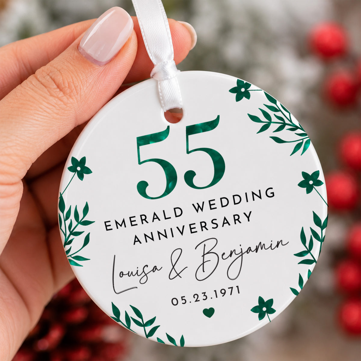 55th Emerald Wedding Anniversary Ornament for Couple, Personalized Names and Date Keepsake Gift, Green Floral Celebration