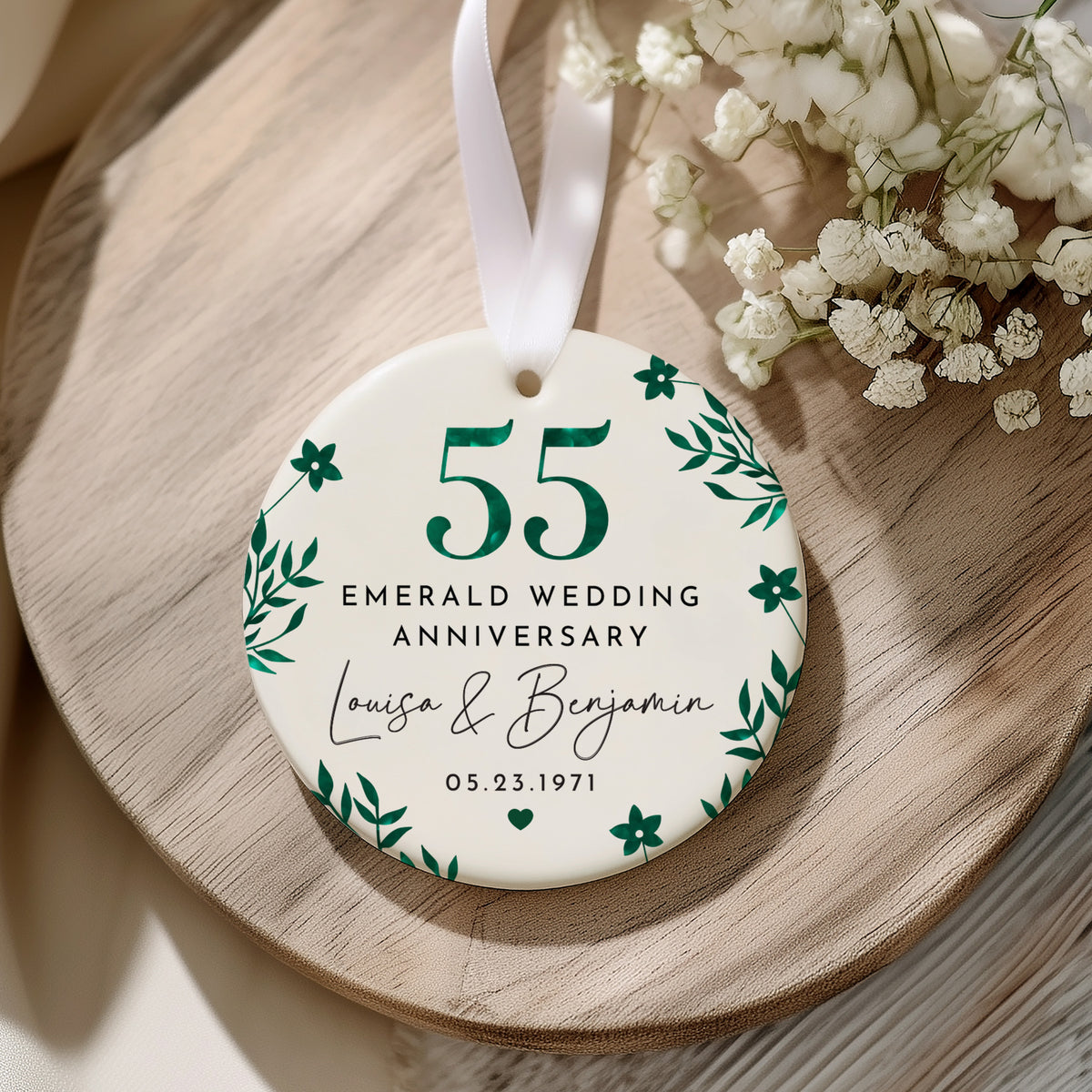 55th Emerald Wedding Anniversary Ornament for Couple, Personalized Names and Date Keepsake Gift, Green Floral Celebration