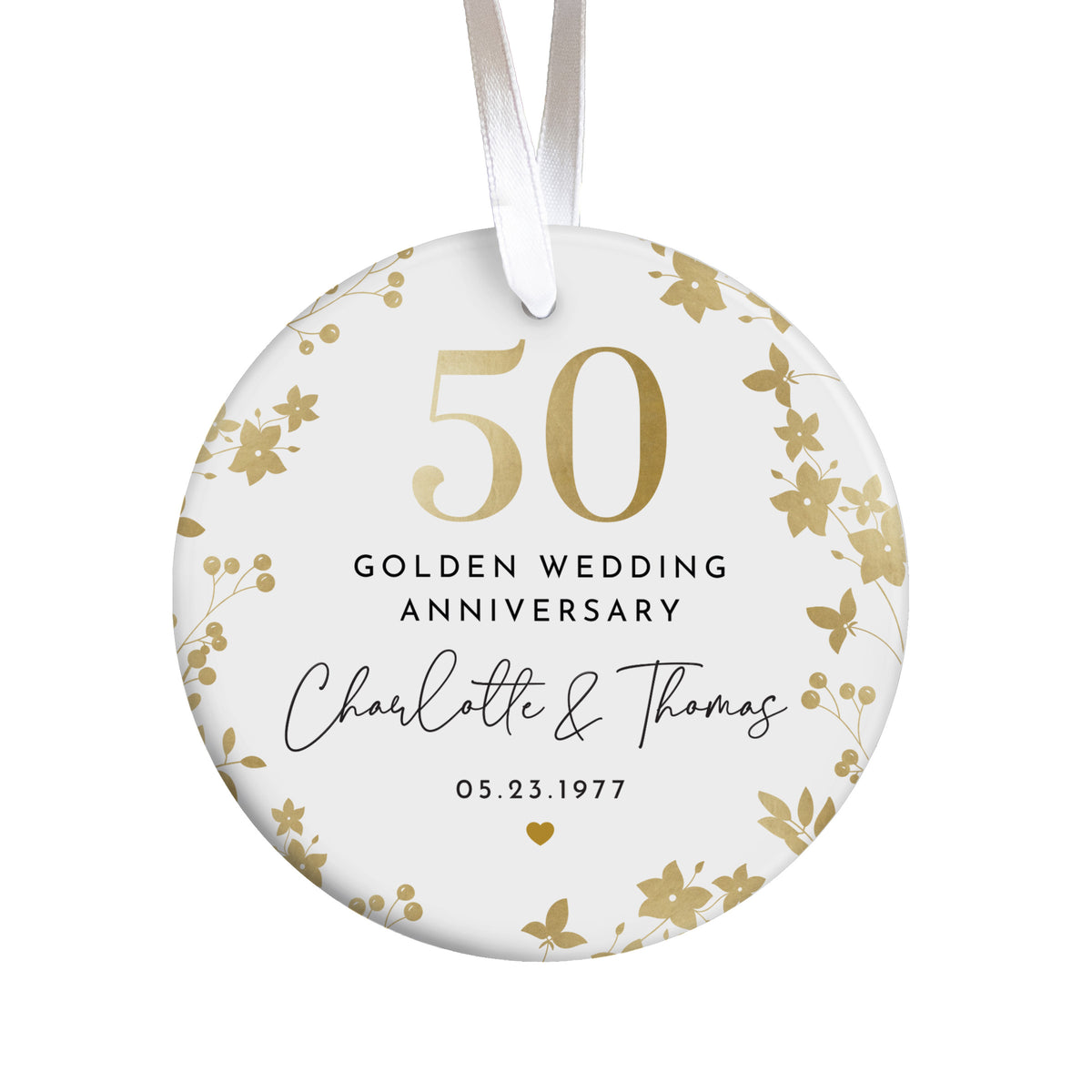 50th Golden Wedding Anniversary Ornament for Couples, Gold Floral Keepsake Gift with Custom Names and Date