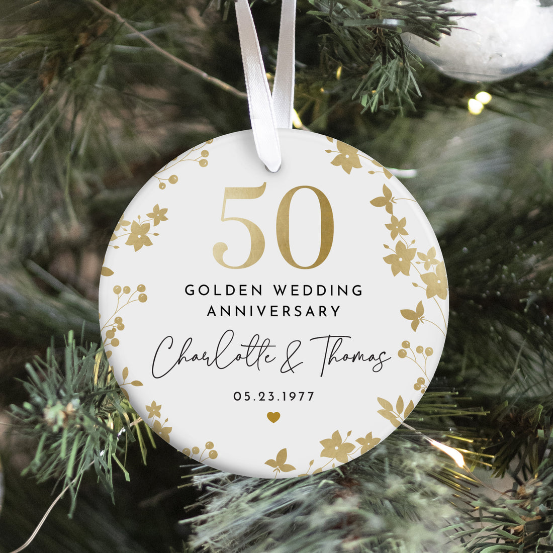 50th Golden Wedding Anniversary Ornament for Couples, Gold Floral Keepsake Gift with Custom Names and Date