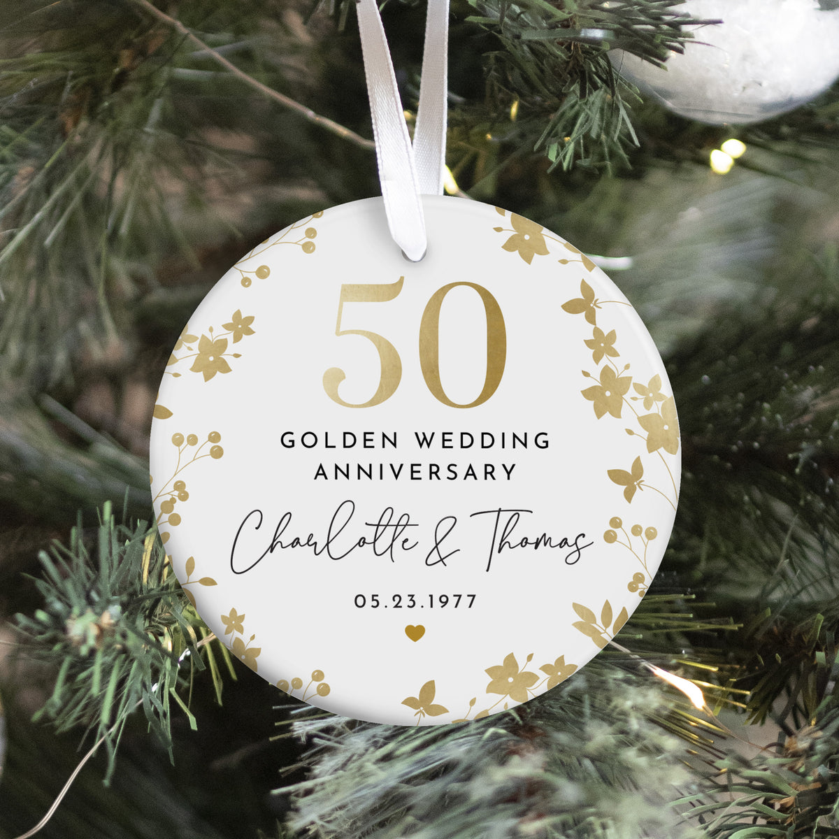 50th Golden Wedding Anniversary Ornament for Couples, Gold Floral Keepsake Gift with Custom Names and Date