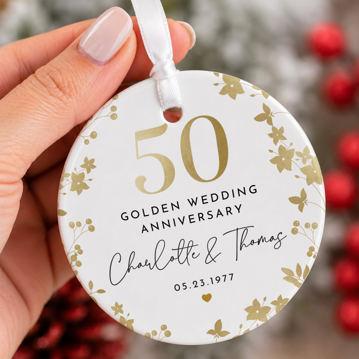 50th Golden Wedding Anniversary Ornament for Couples, Gold Floral Keepsake Gift with Custom Names and Date