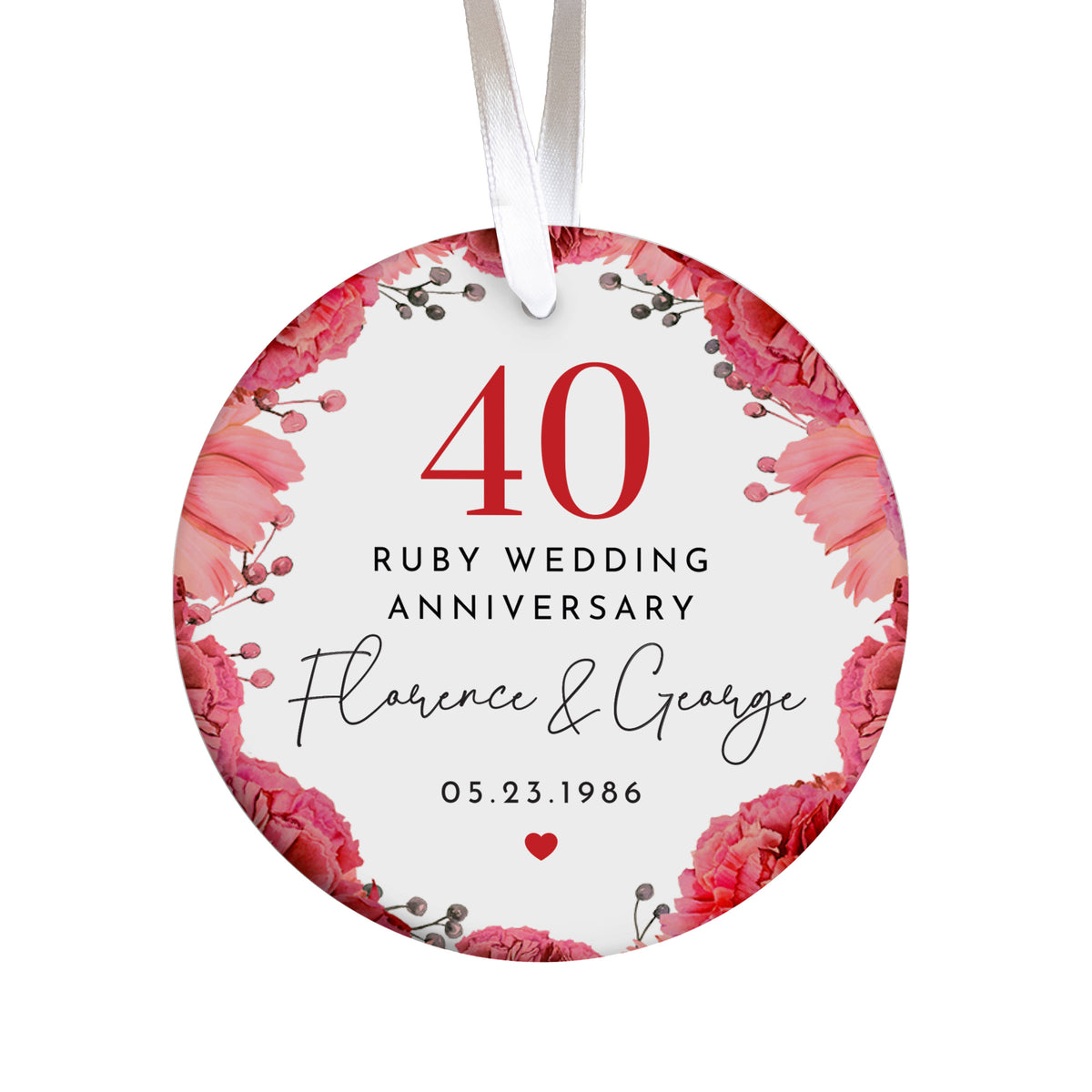 Ruby Wedding Anniversary Ornament for Couples, 40th Year Floral Keepsake Gift with Names and Date Celebration