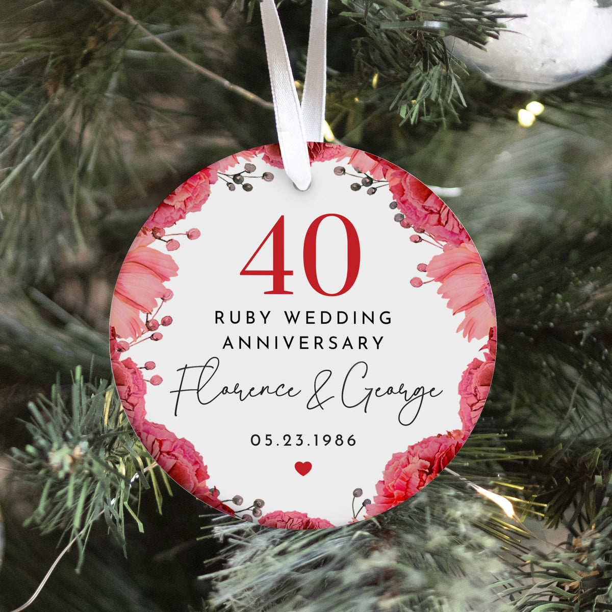 Ruby Wedding Anniversary Ornament for Couples, 40th Year Floral Keepsake Gift with Names and Date Celebration