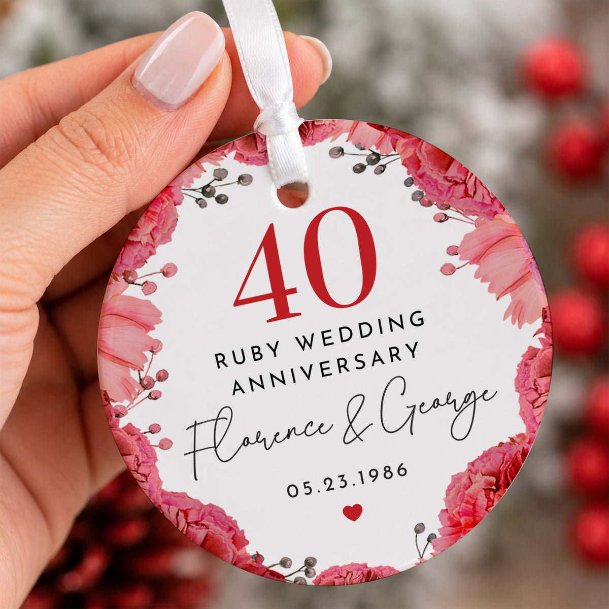Ruby Wedding Anniversary Ornament for Couples, 40th Year Floral Keepsake Gift with Names and Date Celebration