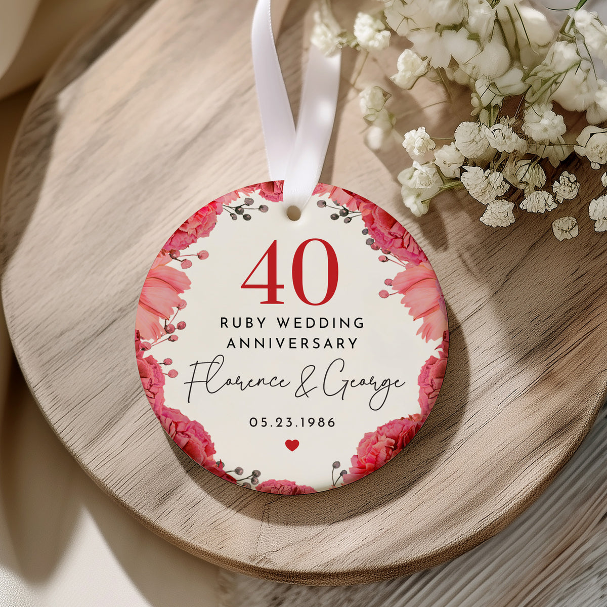 Ruby Wedding Anniversary Ornament for Couples, 40th Year Floral Keepsake Gift with Names and Date Celebration