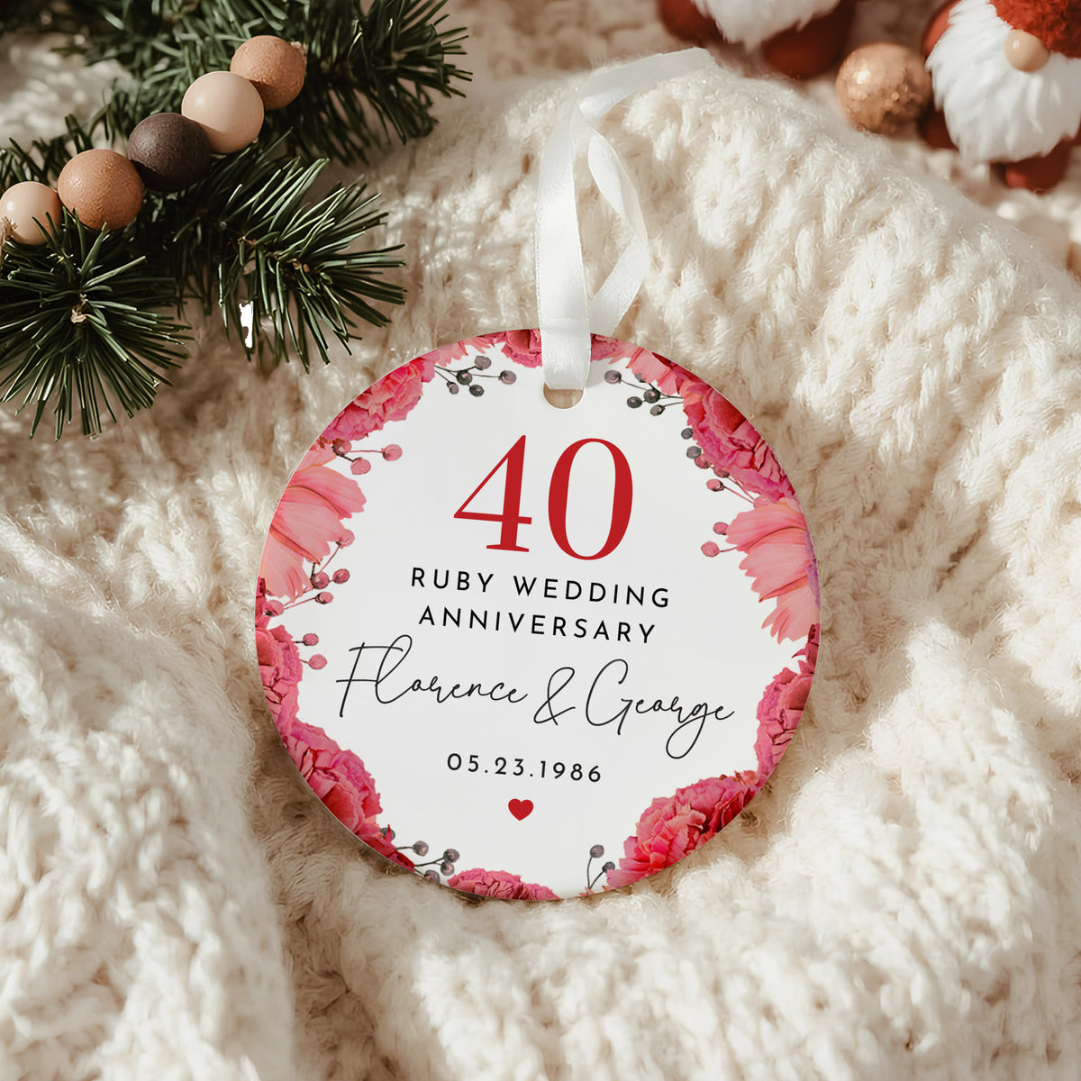 Ruby Wedding Anniversary Ornament for Couples, 40th Year Floral Keepsake Gift with Names and Date Celebration