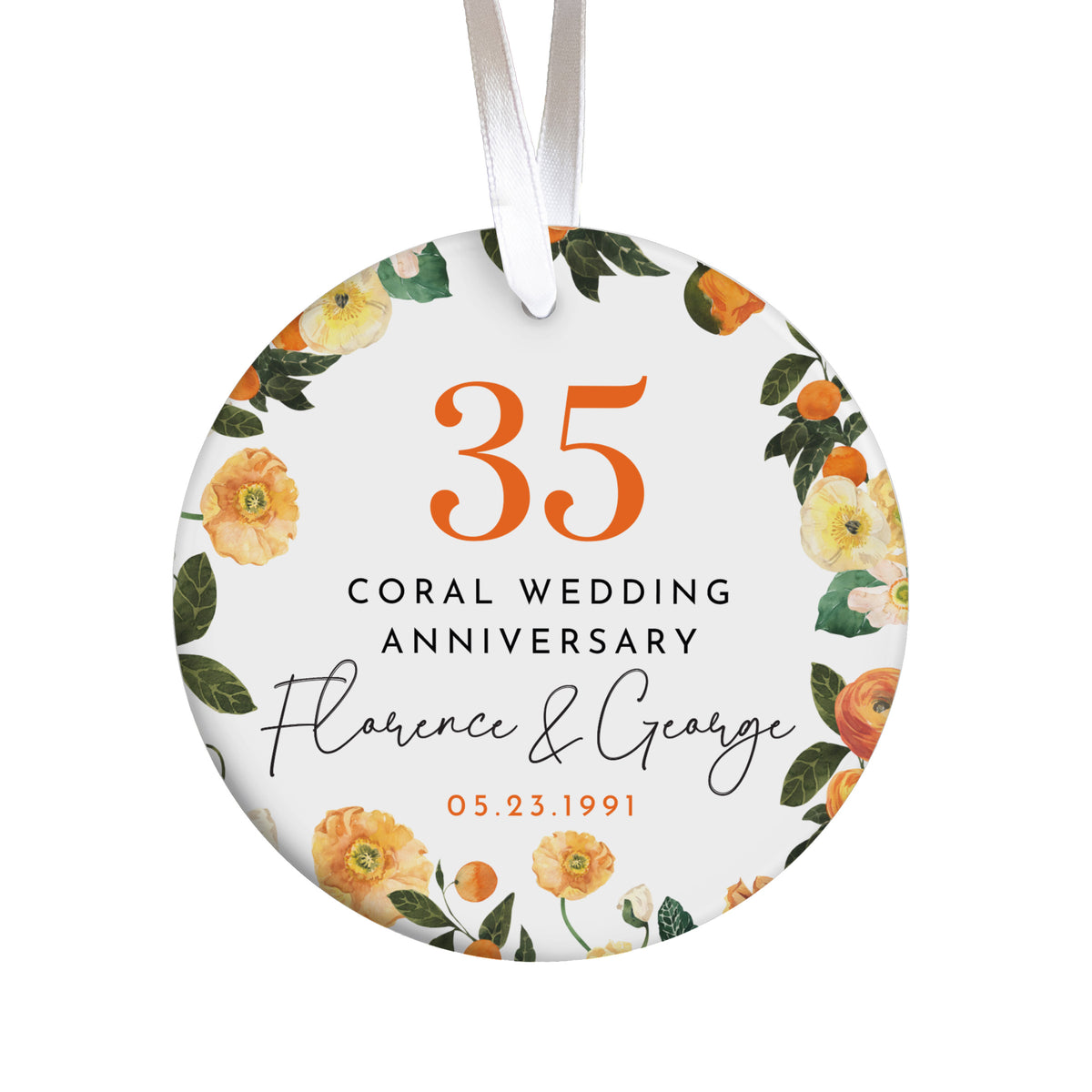 35th Coral Wedding Anniversary Ornament, Personalized Couple Keepsake with Orange Floral Citrus Wreath Gift