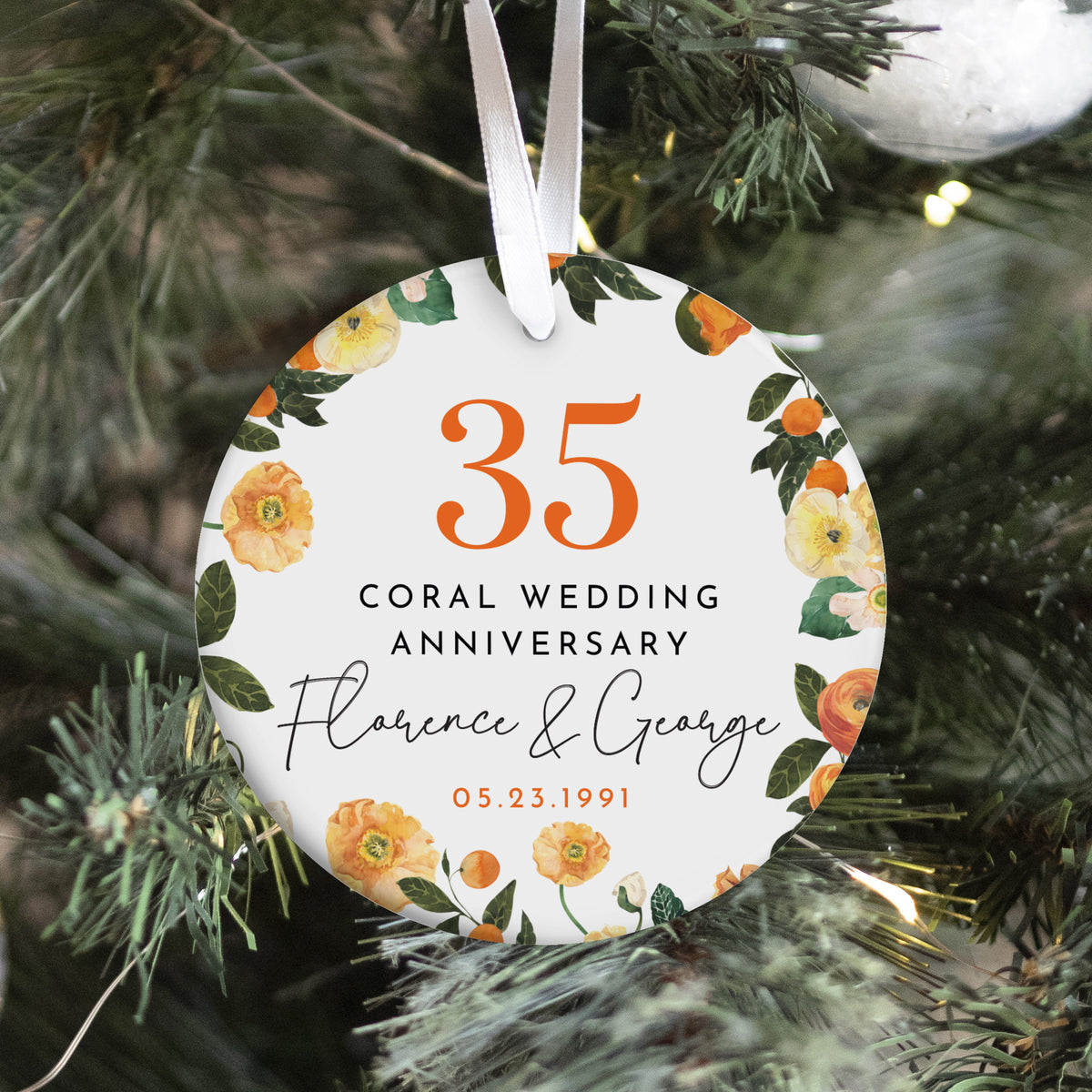 35th Coral Wedding Anniversary Ornament, Personalized Couple Keepsake with Orange Floral Citrus Wreath Gift