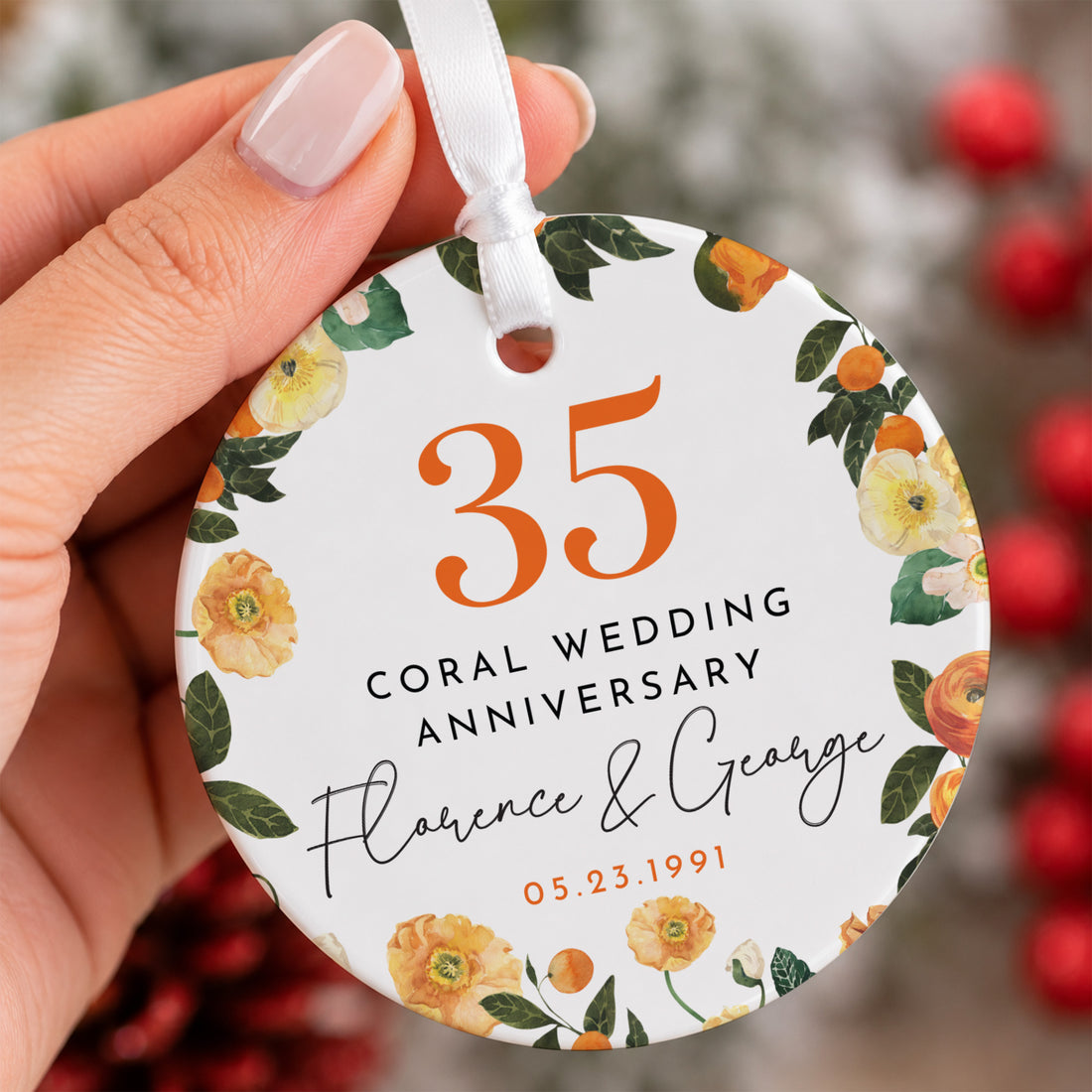 35th Coral Wedding Anniversary Ornament, Personalized Couple Keepsake with Orange Floral Citrus Wreath Gift