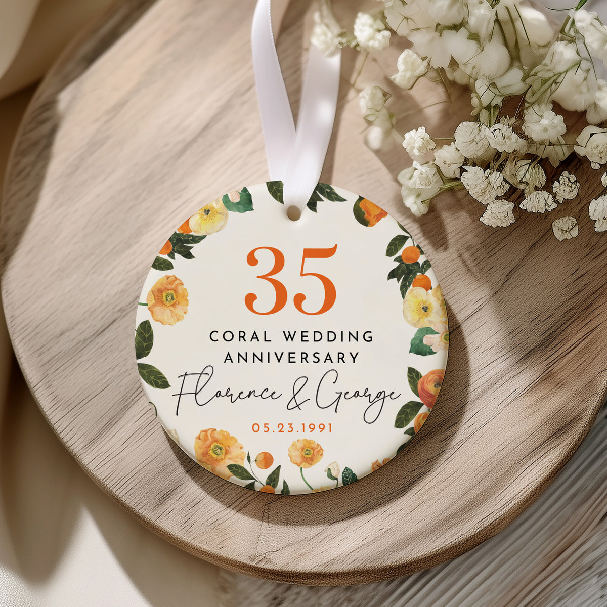 35th Coral Wedding Anniversary Ornament, Personalized Couple Keepsake with Orange Floral Citrus Wreath Gift