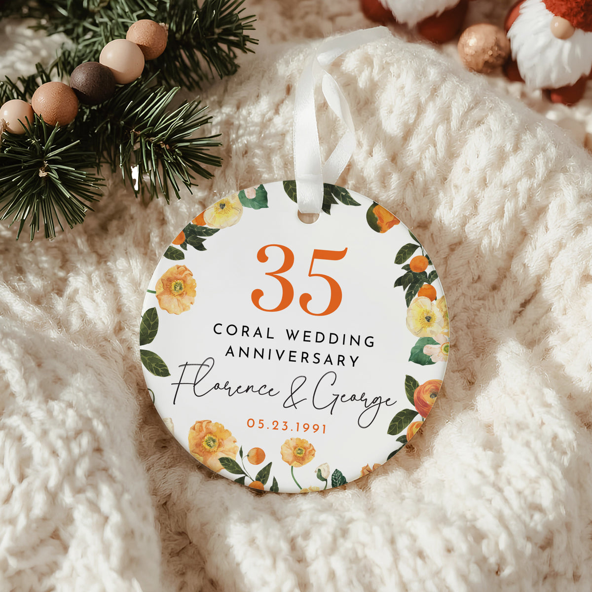 35th Coral Wedding Anniversary Ornament, Personalized Couple Keepsake with Orange Floral Citrus Wreath Gift