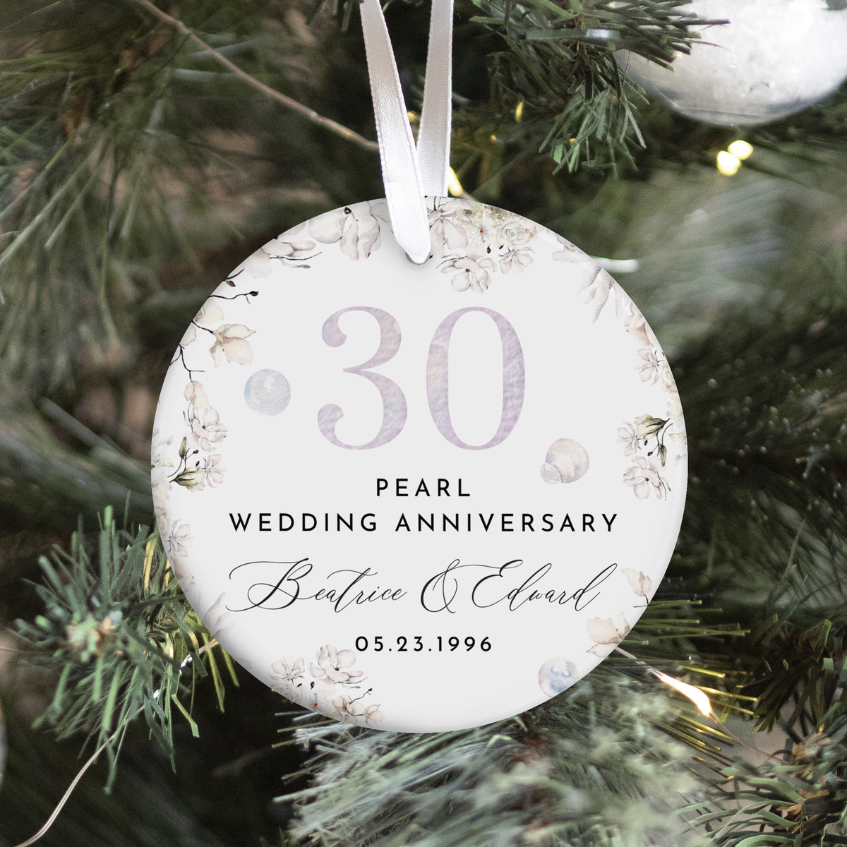 30th Pearl Wedding Anniversary Ornament, Personalized Floral Keepsake for Couples, Meaningful Celebration Gift Memento