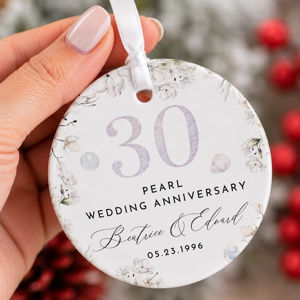 30th Pearl Wedding Anniversary Ornament, Personalized Floral Keepsake for Couples, Meaningful Celebration Gift Memento