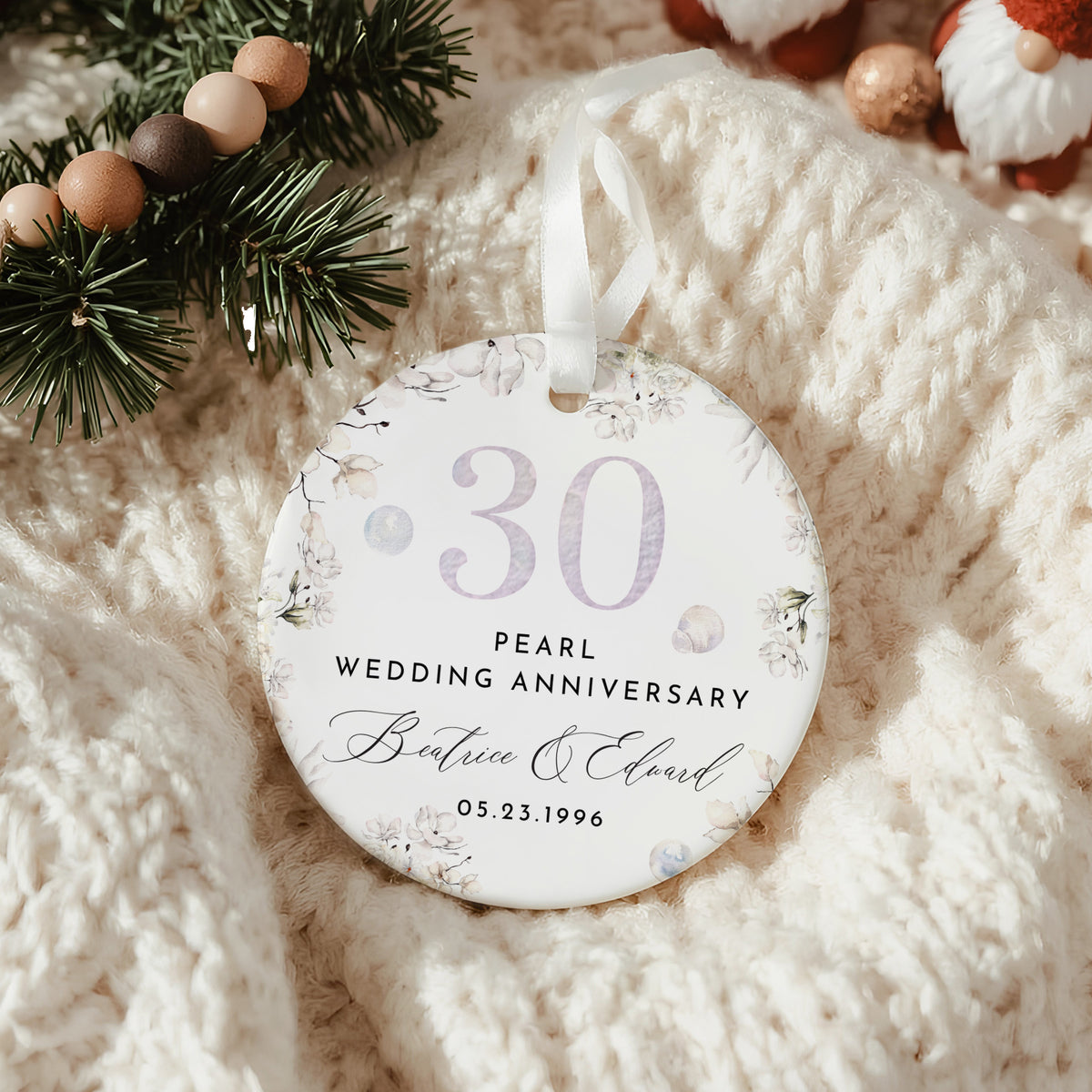 30th Pearl Wedding Anniversary Ornament, Personalized Floral Keepsake for Couples, Meaningful Celebration Gift Memento