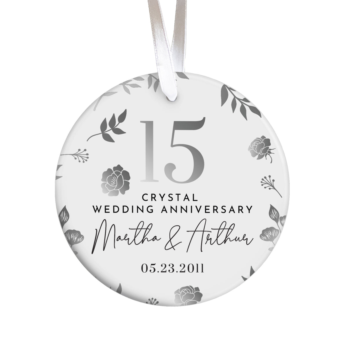 15th Crystal Wedding Anniversary Ornament for Couple, Floral Keepsake Gift with Custom Names and Date