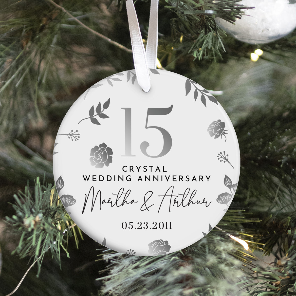 15th Crystal Wedding Anniversary Ornament for Couple, Floral Keepsake Gift with Custom Names and Date