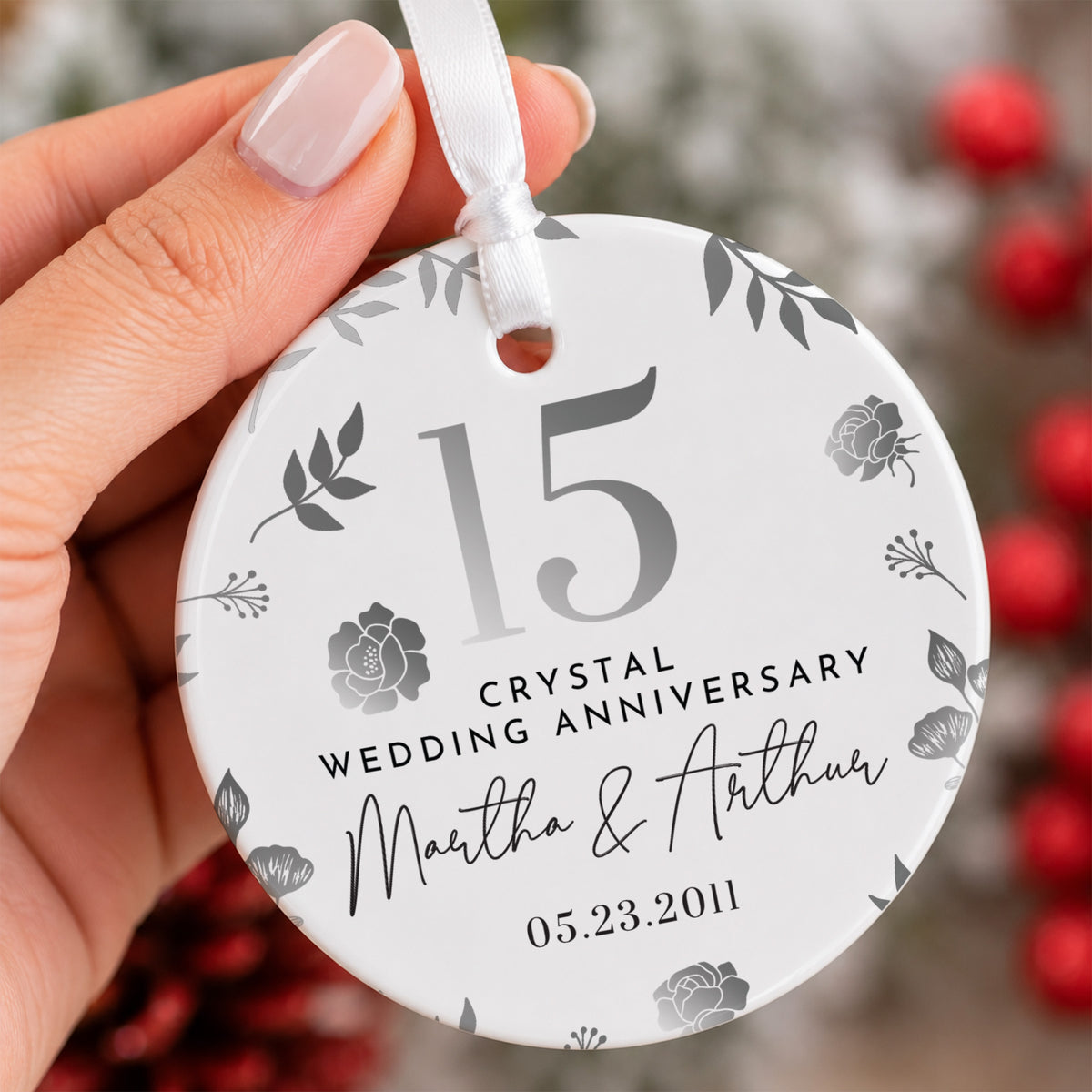 15th Crystal Wedding Anniversary Ornament for Couple, Floral Keepsake Gift with Custom Names and Date