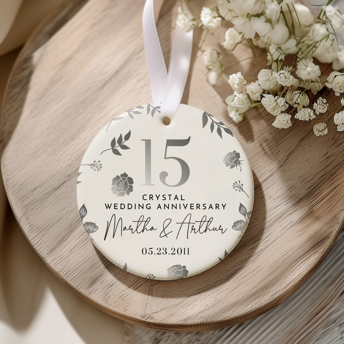 15th Crystal Wedding Anniversary Ornament for Couple, Floral Keepsake Gift with Custom Names and Date