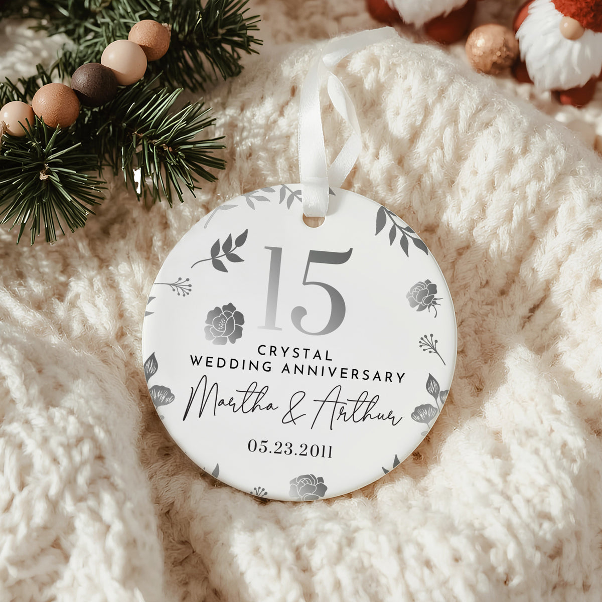 15th Crystal Wedding Anniversary Ornament for Couple, Floral Keepsake Gift with Custom Names and Date