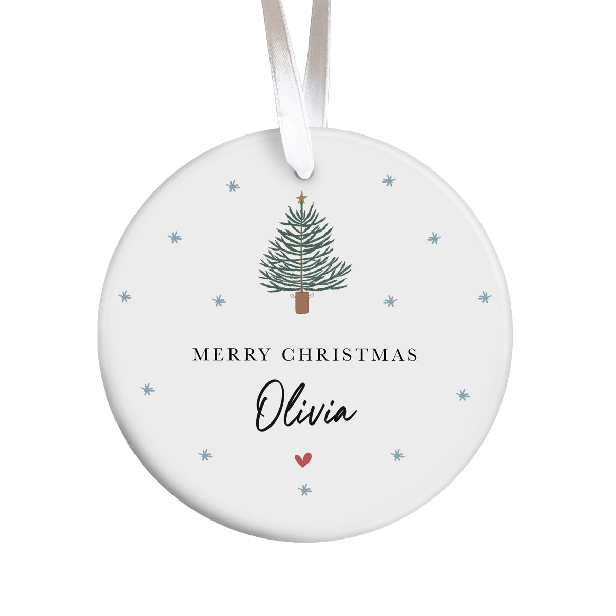 Personalized Merry Christmas Ornament; Olivia Holiday Gift with Minimal Evergreen Tree and Snowflake Design Style