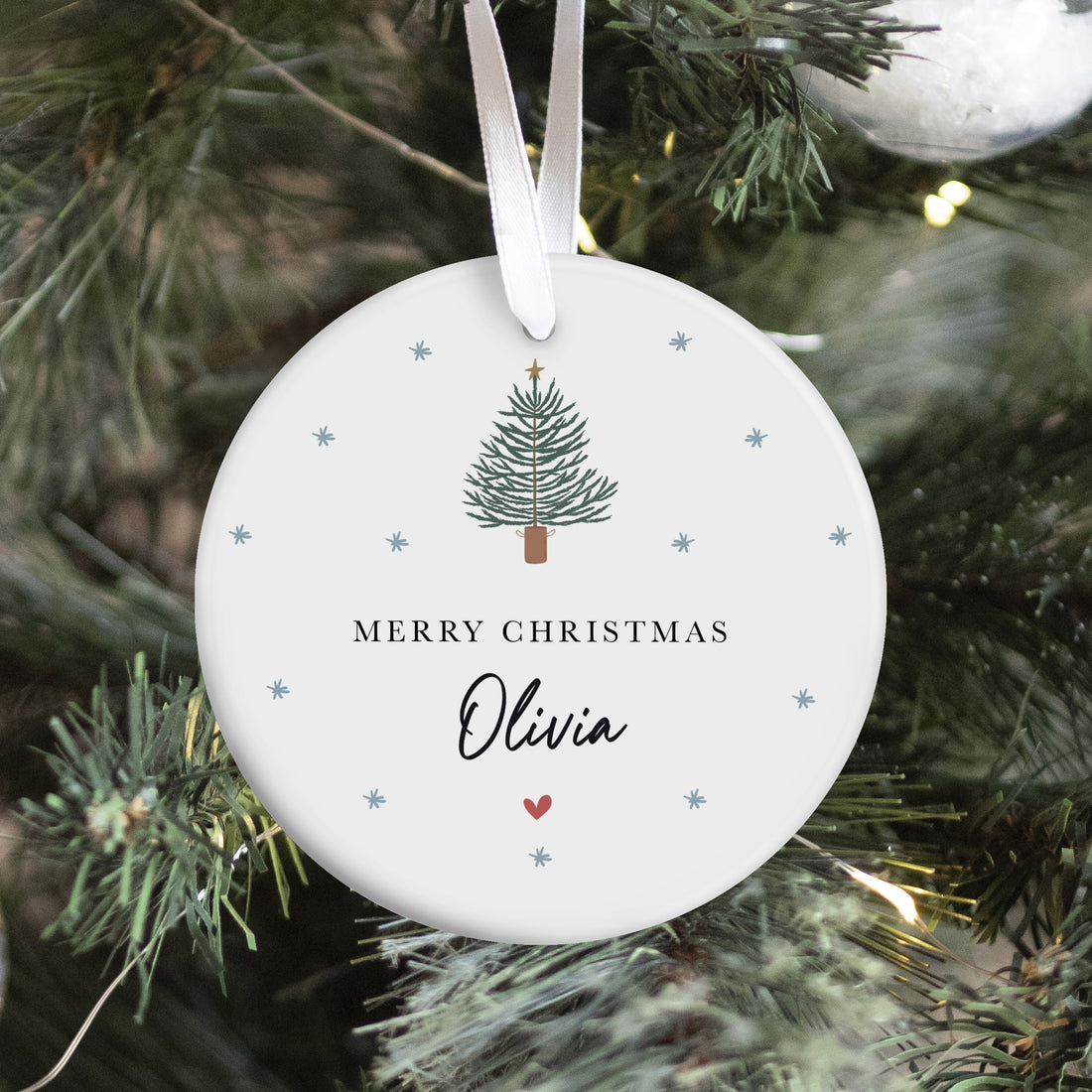 Personalized Merry Christmas Ornament; Olivia Holiday Gift with Minimal Evergreen Tree and Snowflake Design Style